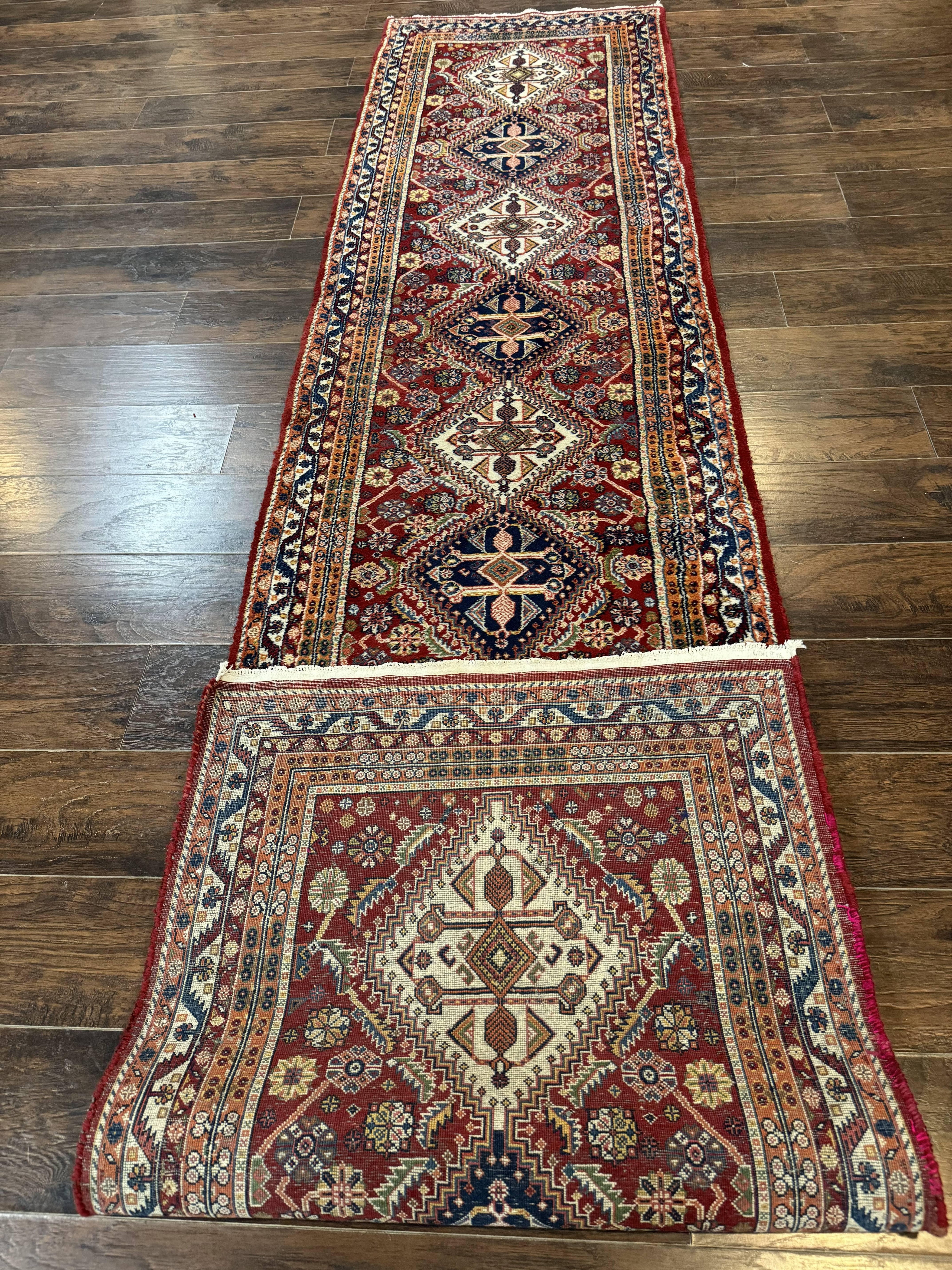 Antique Persian Qashqai Runner Rug 3 x 13 ft, Tribal Runner, Geometric Medallions, Red Ivory Blue, Wool