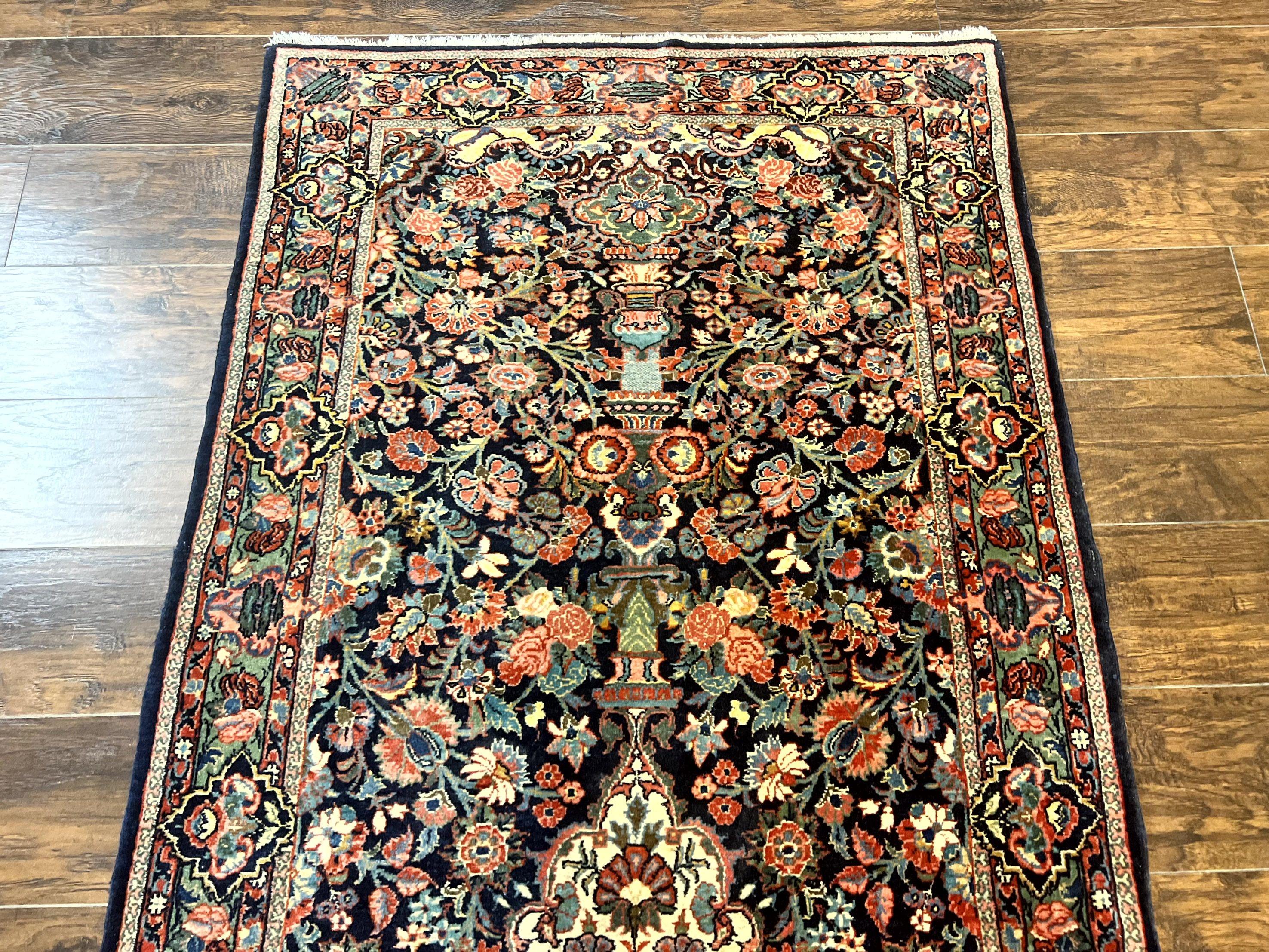 Persian Saoruk Rug 4x5, Navy Blue and Red, Floral, Antique Persian Wool Carpet, Handmade