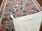 5x8 Needlepoint Rug 5' 4" x 8' 3" Wool Flat Weave Floral New Unused Carpet English Design Ivory Large Pink Flowers Green Leaves Hand-Knotted