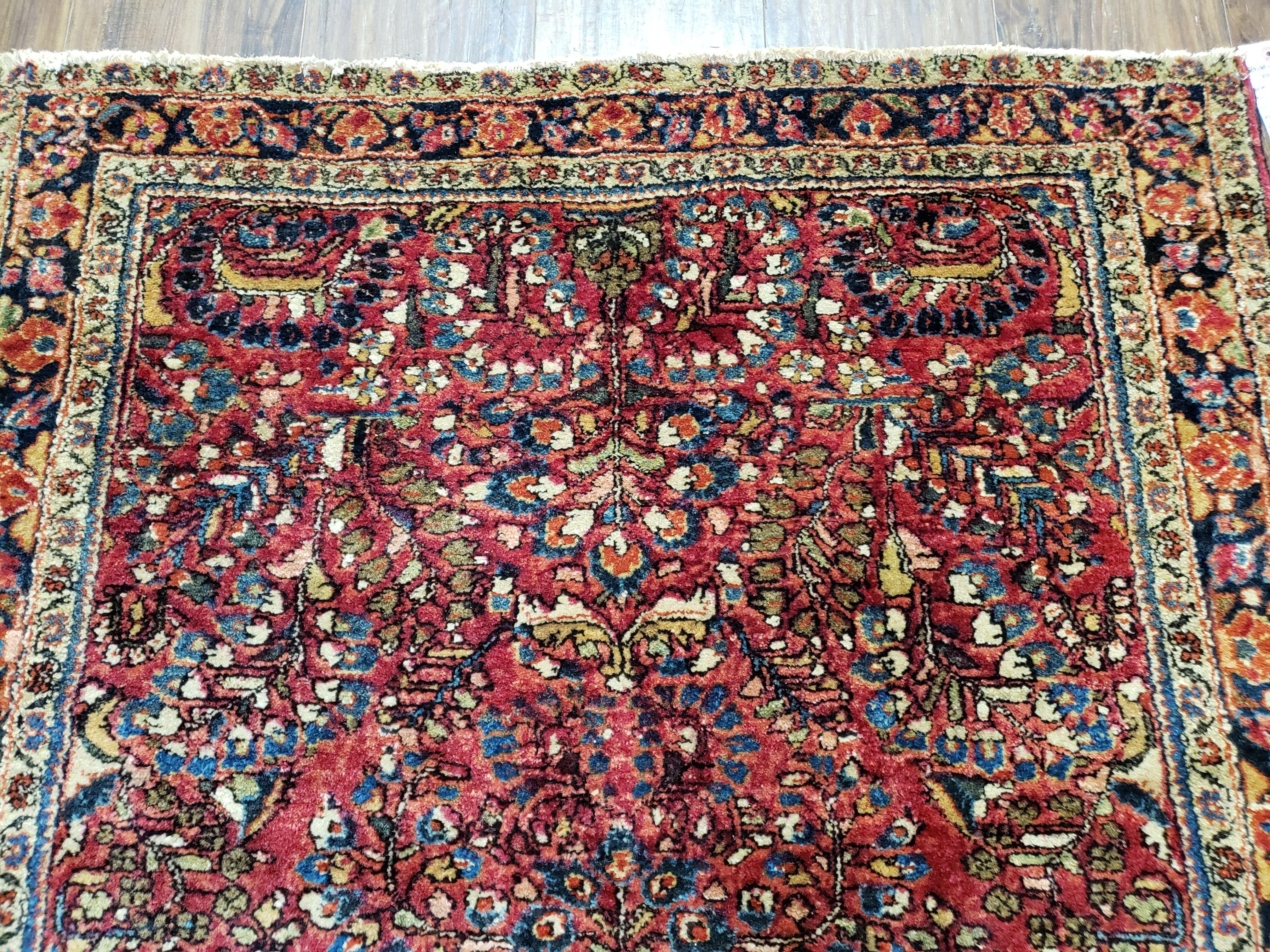 Antique Persian Sarouk Rug, Red, Allover Floral Pattern, Hand-Knotted, Wool, 3'4" x 4'10"