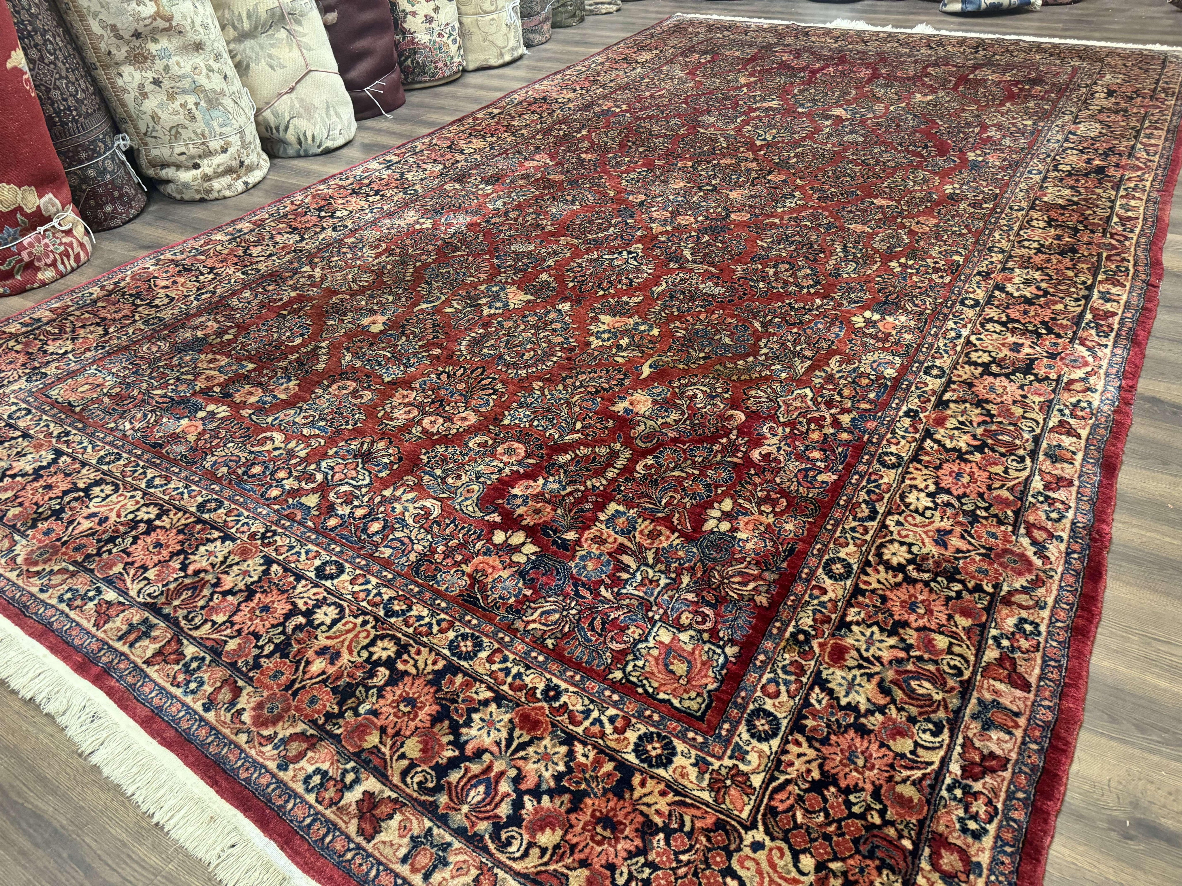 Large Persian Sarouk Rug 10x17, Palace Size Antique Persian Carpet, Red, Floral Allover, Traditional Persian Rug, Oversize Handmade Wool Rug