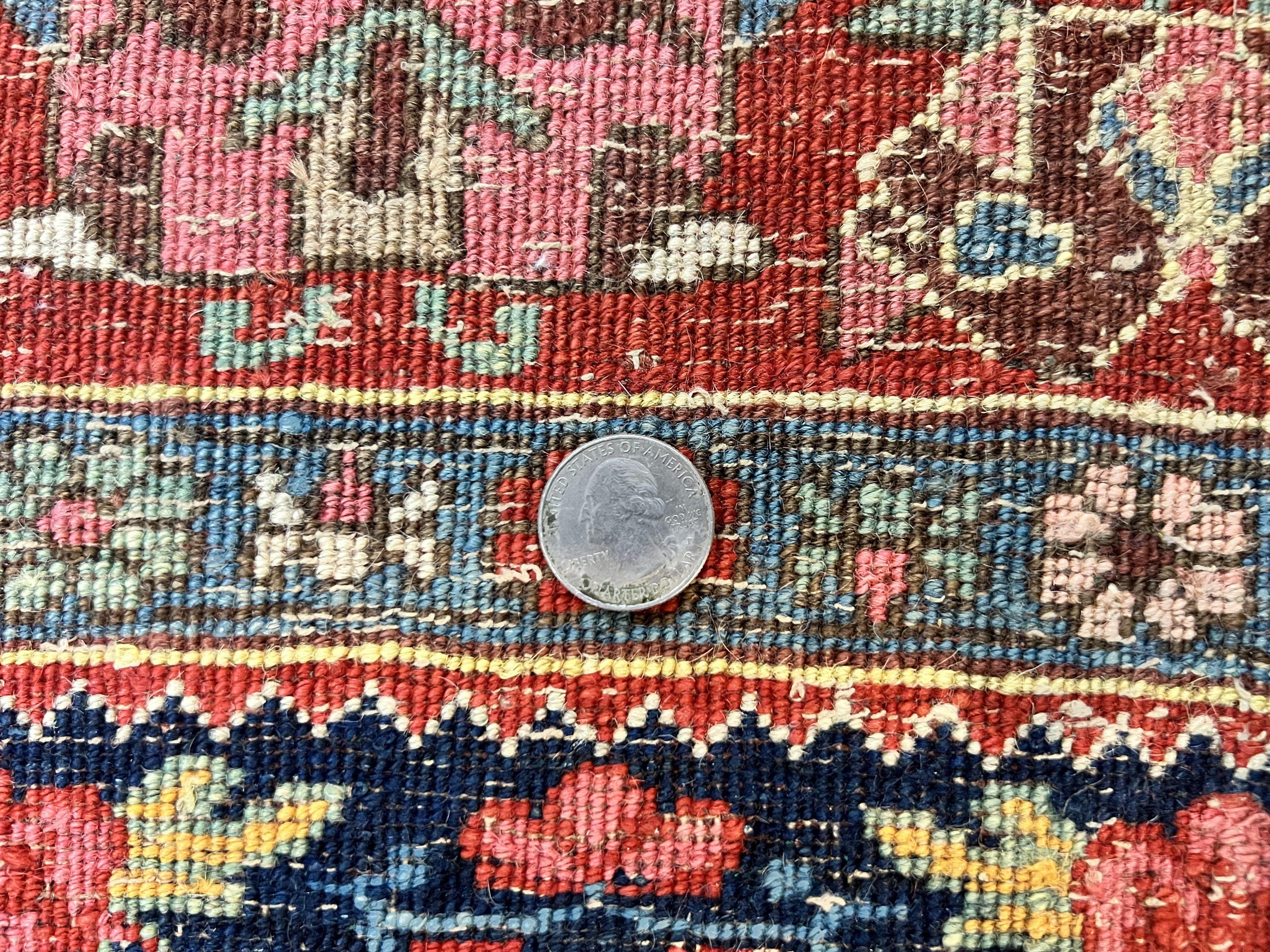 Antique Persian Bidjar Rug 4x5, Red and Blue, Hand Knotted Wool Carpet