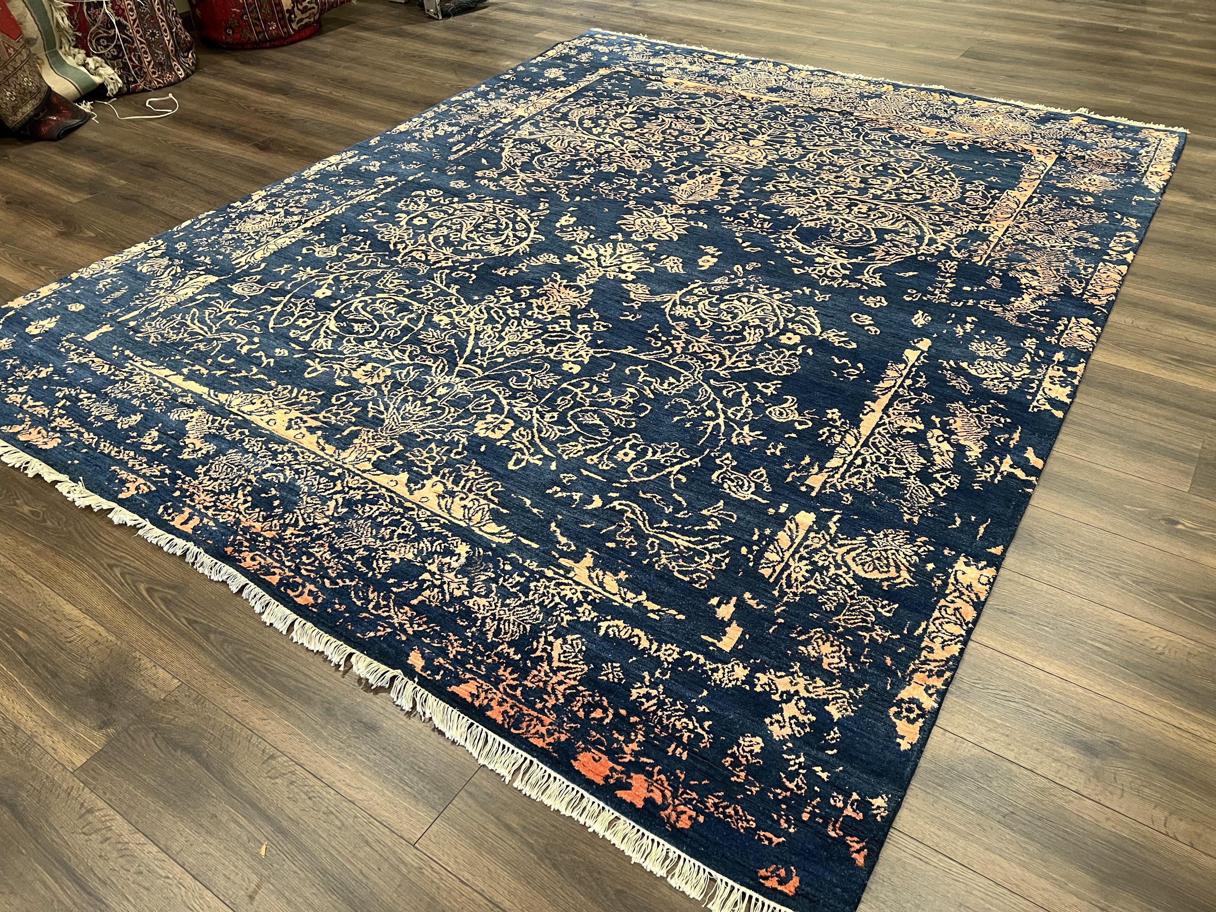Area Rug 8x10 High Quality Handmade Oriental Carpet, Modern Contemporary Rug, Rug for Living Room, Wool Rug, Blue and Gold, Pakistani Rug