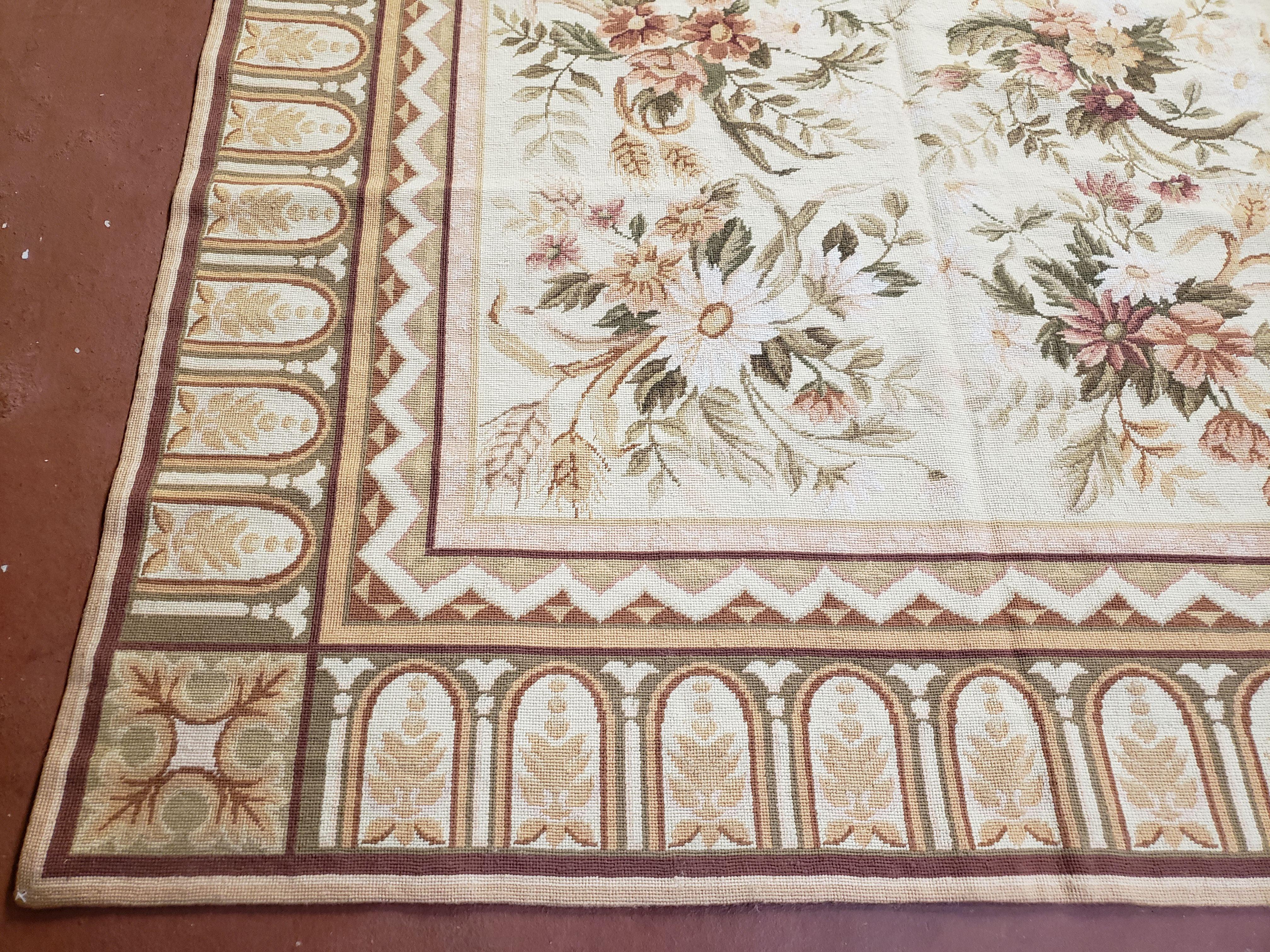 Needlepoint Rug 8x10 Aubusson Rug Victorian Floral Rug Handmade French Style French Decor Garden Panel Beige 8 x 10 Area Rug 100% Wool