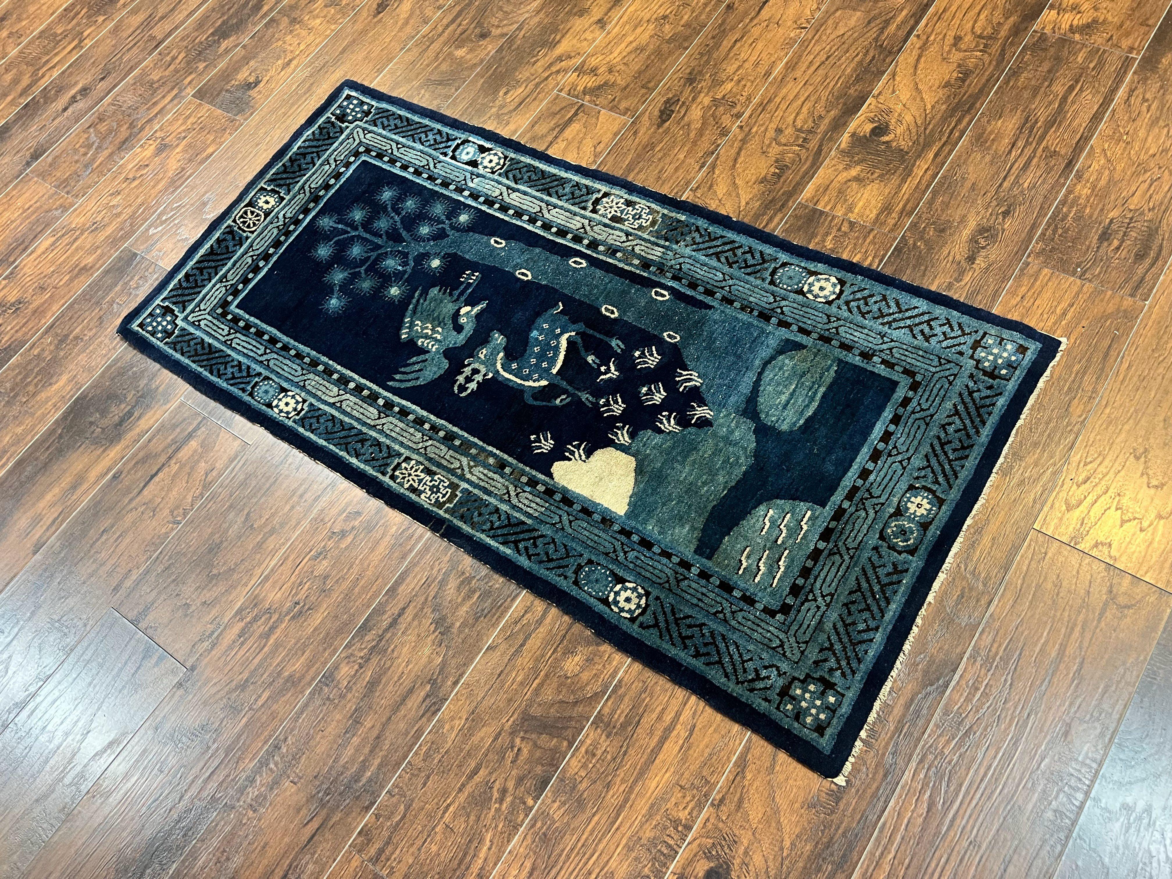 Antique Chinese Peking Rug 3x5, Dark Blue Chinese Wool Rug 3 x 5, Animal Pictorials Deer Birds, Handmade Asian Oriental Chinese Carpet