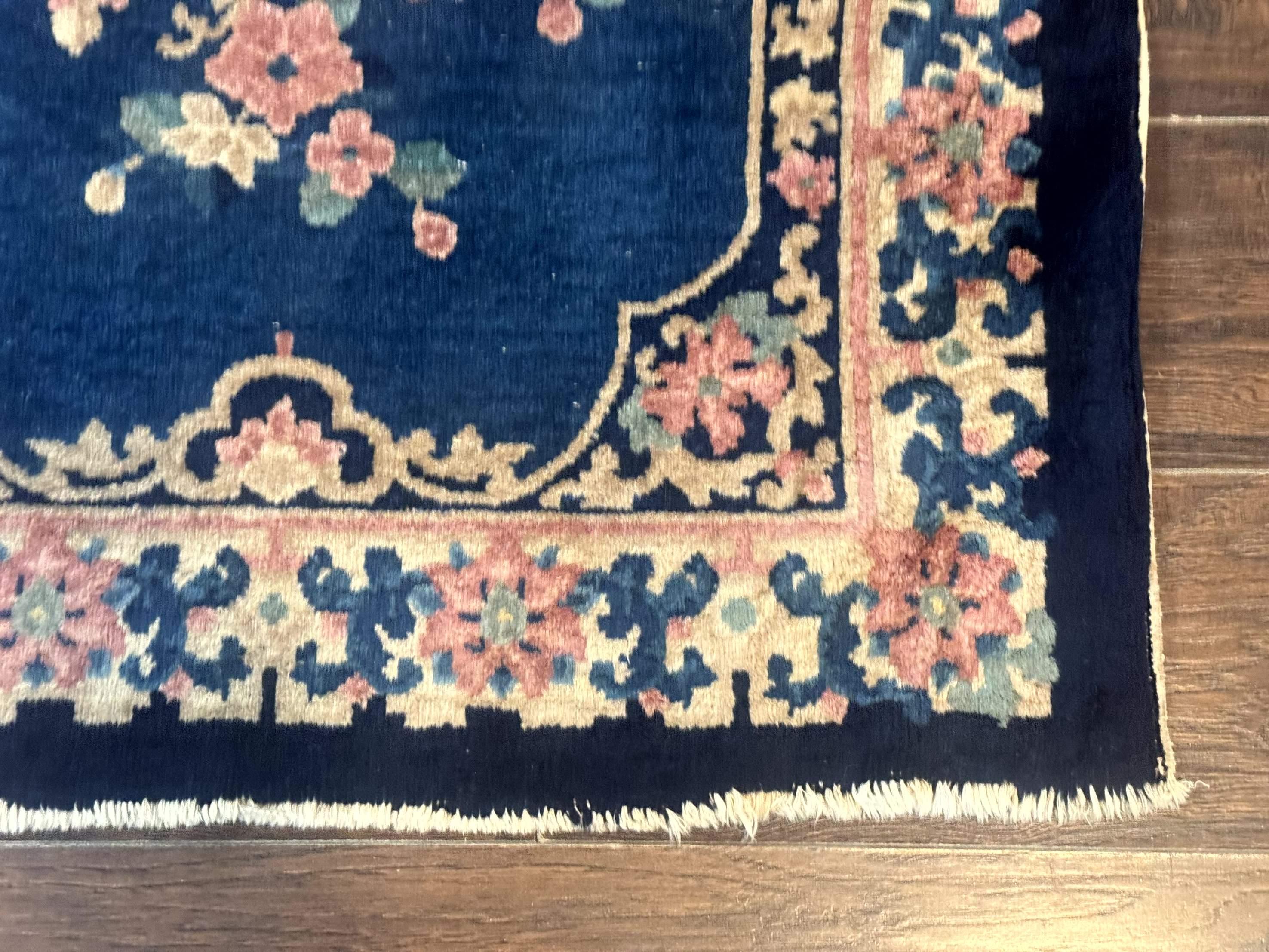 Blue and Beige Chinese Wool Rug 3x6, Chinese Fete Rug, Peking Rug, Antique Chinese Carpet