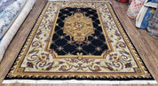 6x9 Nepalese Rug, Aubusson Savonnerie Area Rug 6 x 9 with Soft Pile, Hand-Knotted Wool Black & Beige Tibetan New Carpet European Design