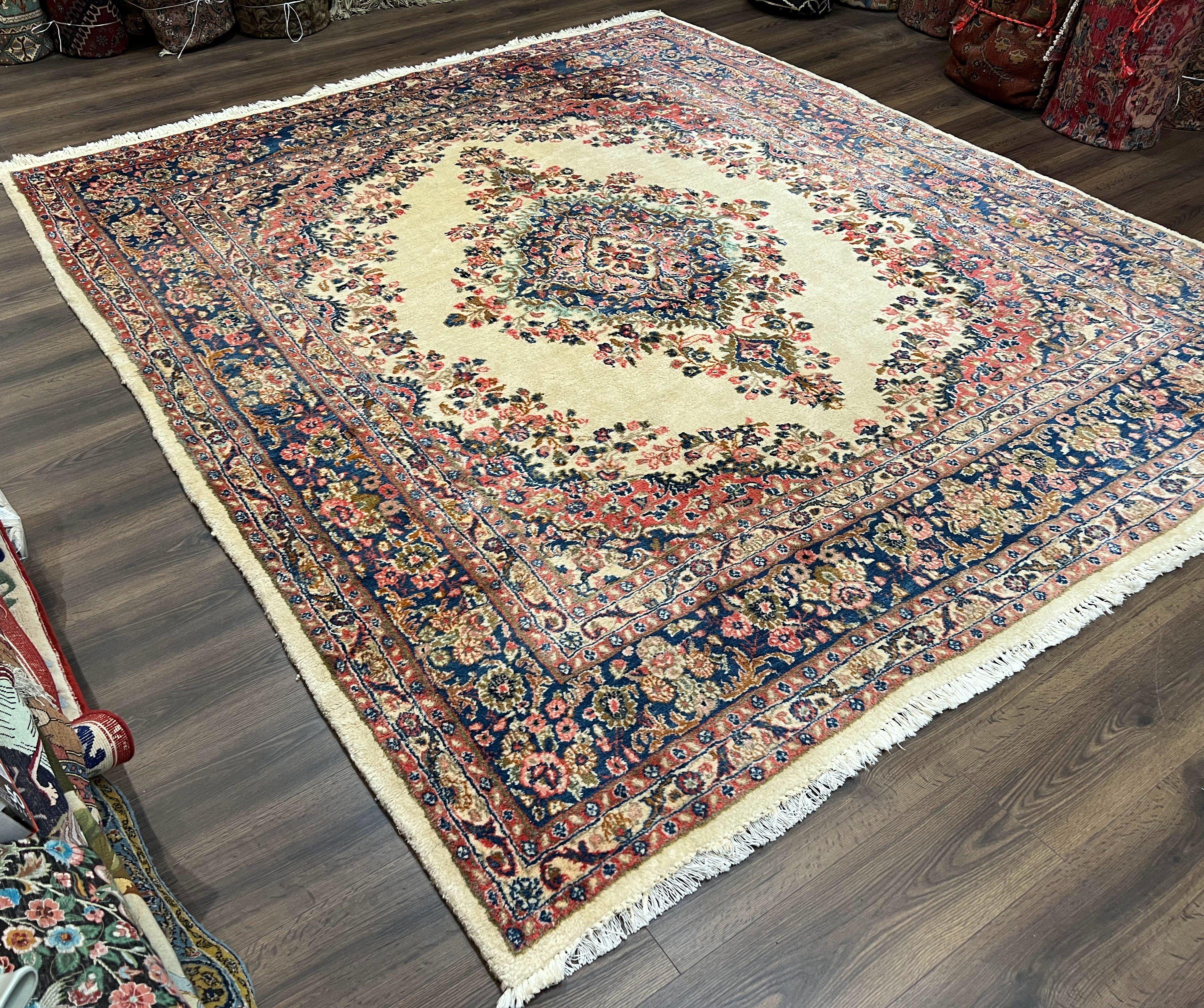 Persian Rug 9x10, Hamadan Rug, Antique Oriental Carpet, Wool Rug, Semi Open Field, Cream and Navy Blue, Kirman Design Hand Knotted Almost Square Rug