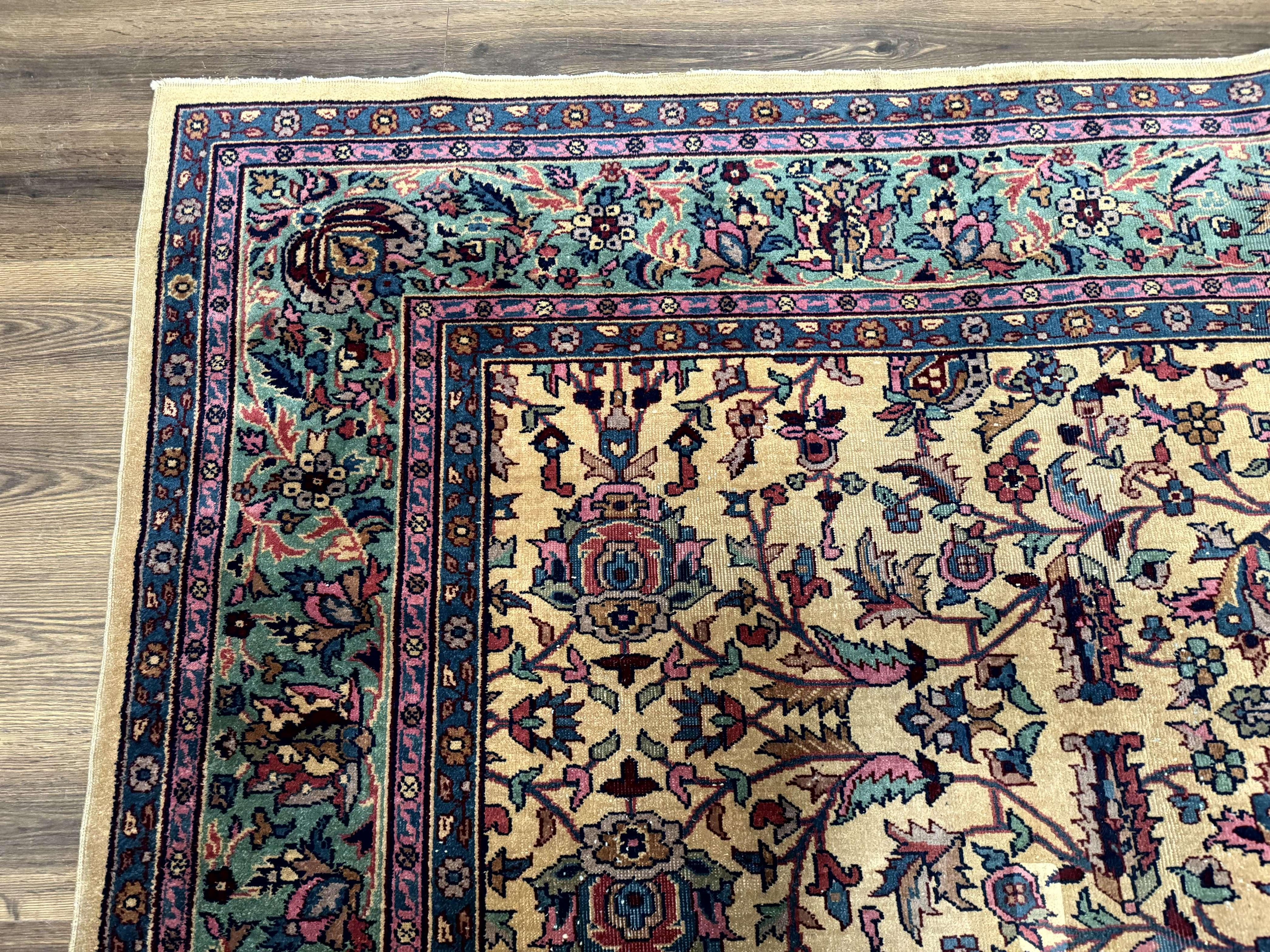 Antique Persian Rug 10x15, Camel and Cyan, Allover Pattern, Rare, Samarkand Rug