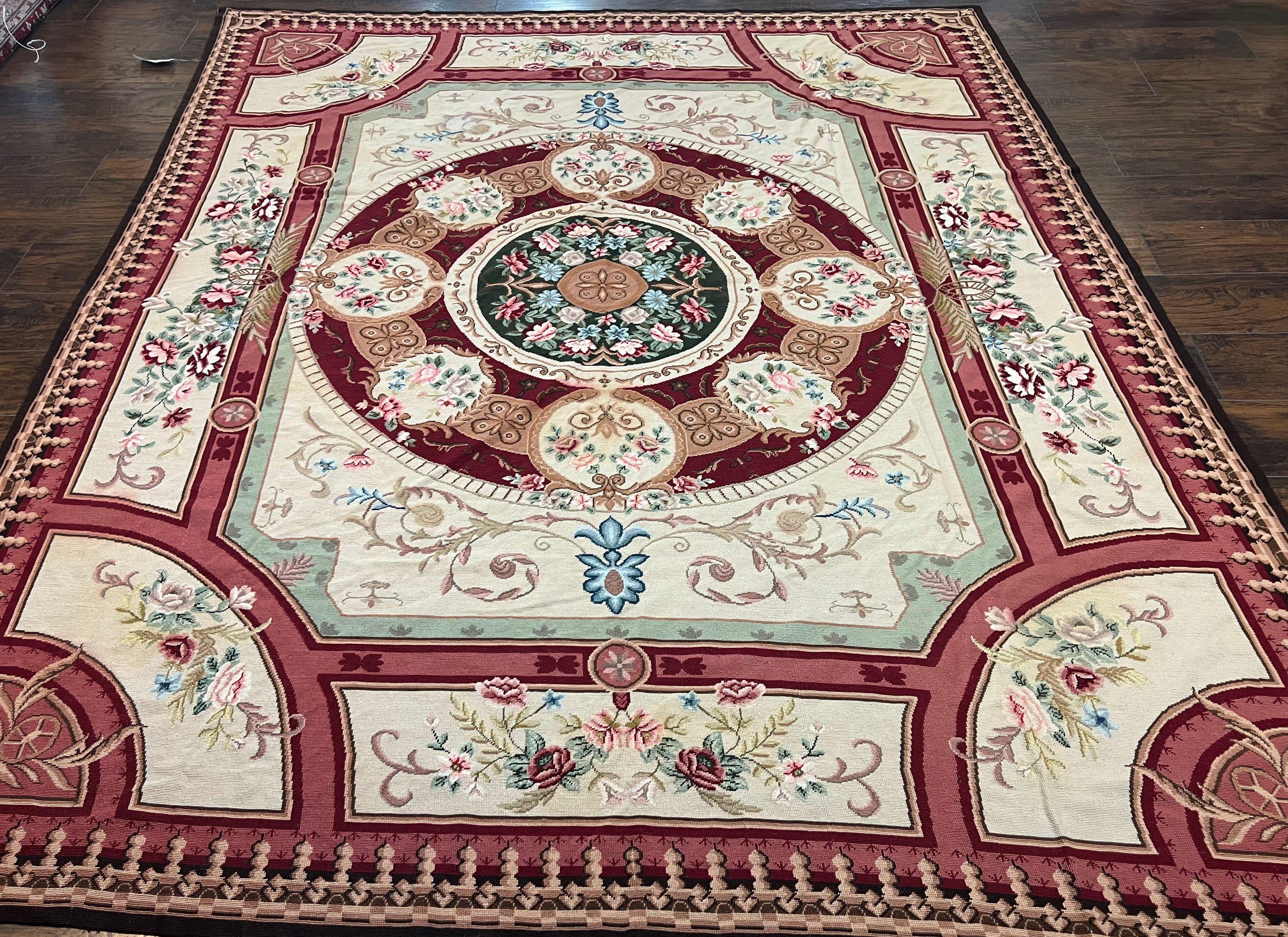 Needlepoint Rug 7.9 x 9, Beige Maroon Rose, Handmade Handwoven Flatweave Aubusson Savonnerie French European Elegant Carpet, Wool Rug