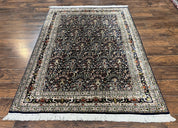 Silk Indian Kashmiri Rug 5x7, Navy Blue Indo Persian Silk Carpet 5 x 7 ft, Hand Knotted Handmade Very Fine Oriental Carpet, 450 KPSI, Birds
