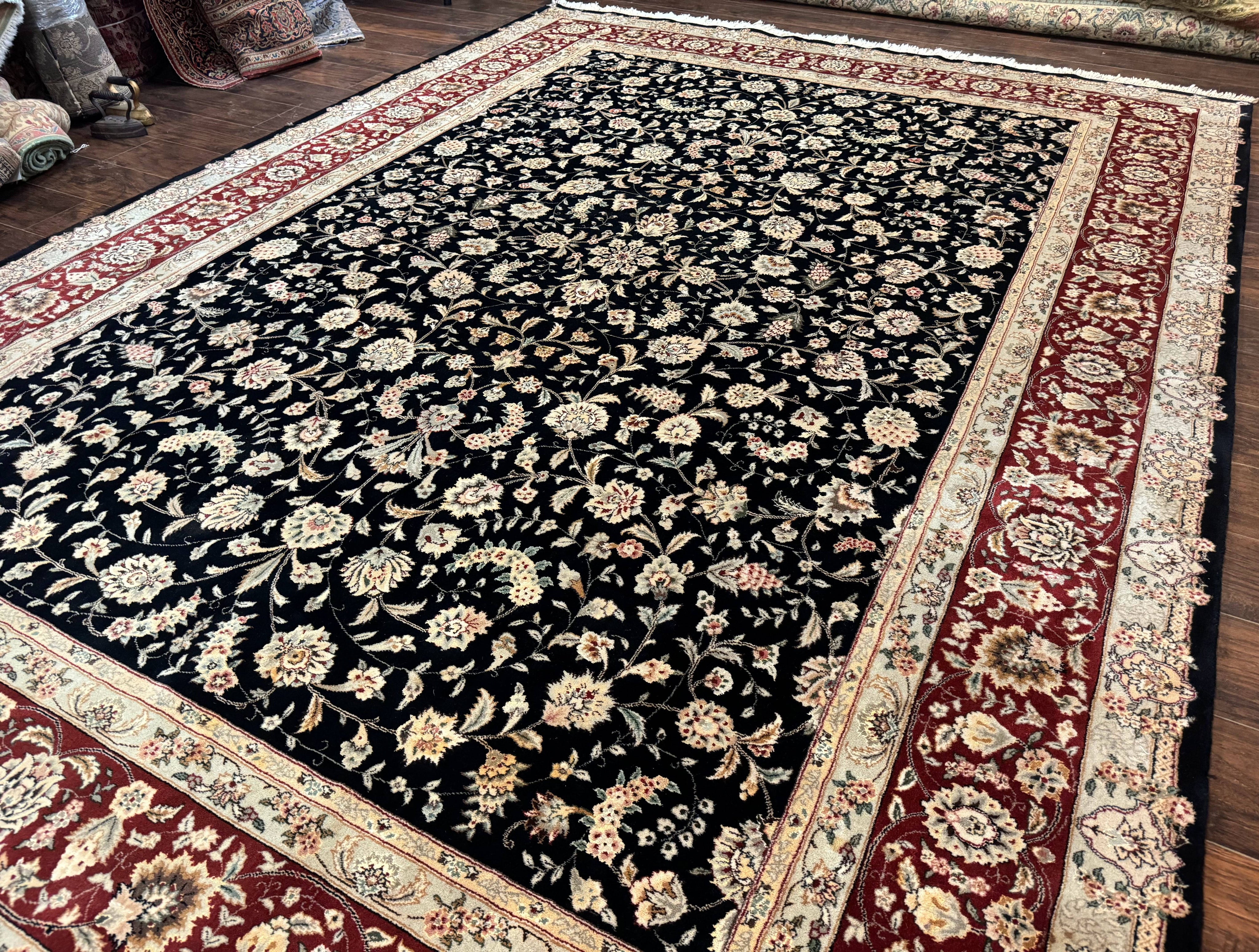 Sino Persian Rug 9x12, Fine Elegant Oriental Carpet 200 KPSI, Black and Dark Red, Allover Floral
