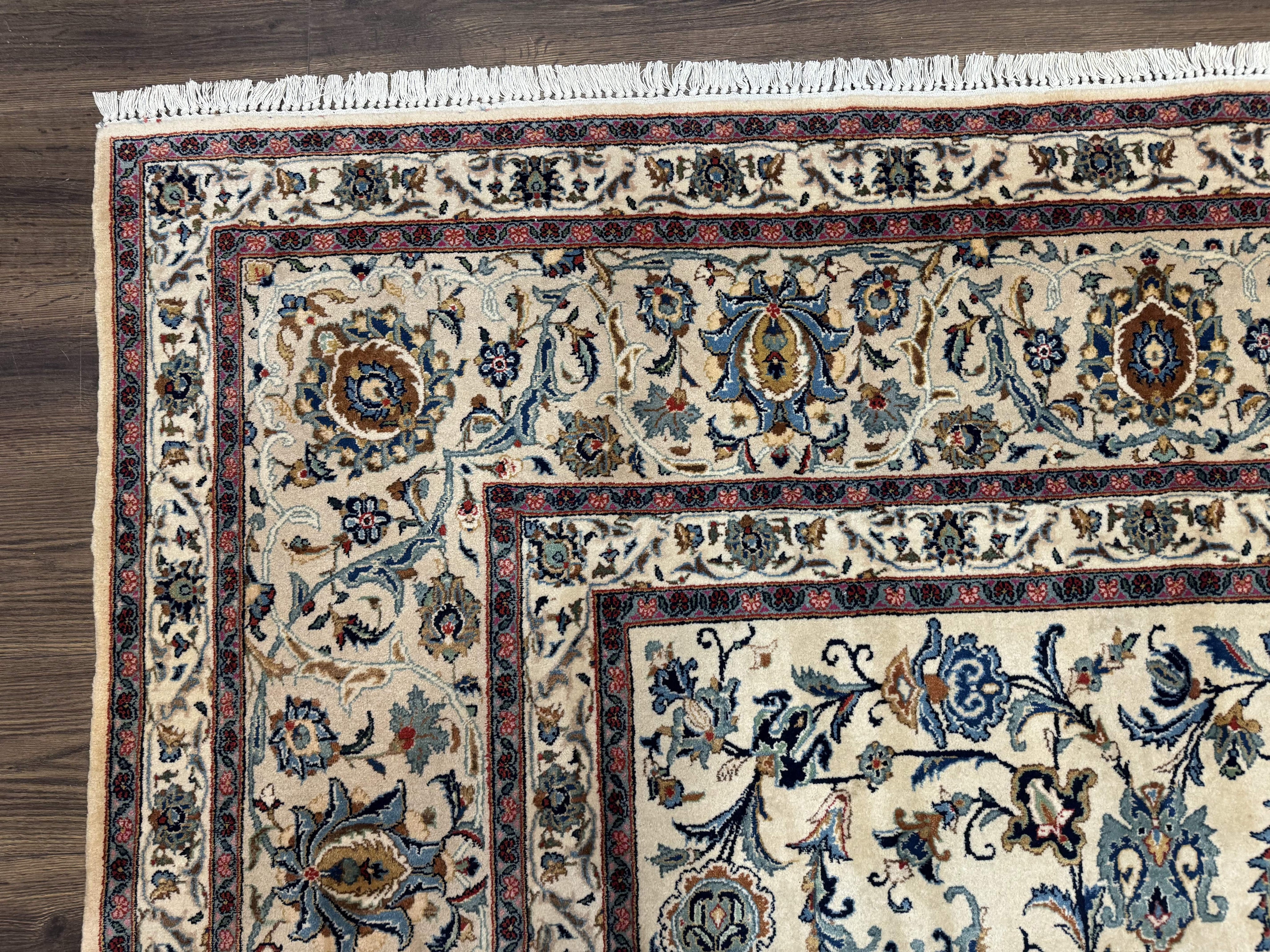 Persian Kashan Rug 10x14, Bone - Beige and Blue, Allover Pattern, Traditional Persian Carpet, Fine 260 KPSI
