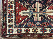 Antique Shirvan Caucasian Rug 3x5, Geometric Pattern, Red Navy Blue Beige