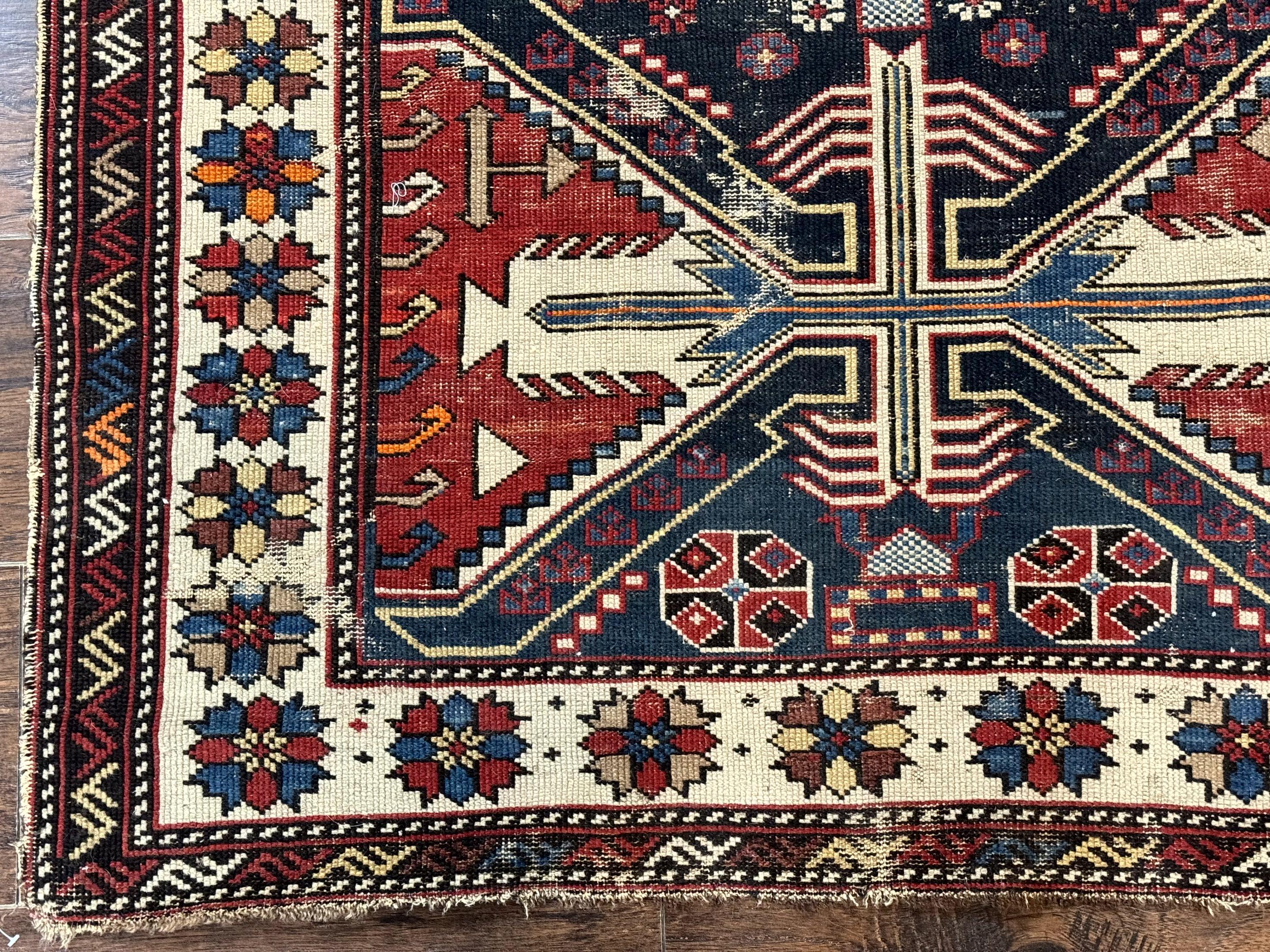 Antique Shirvan Caucasian Rug 3x5, Geometric Pattern, Red Navy Blue Beige