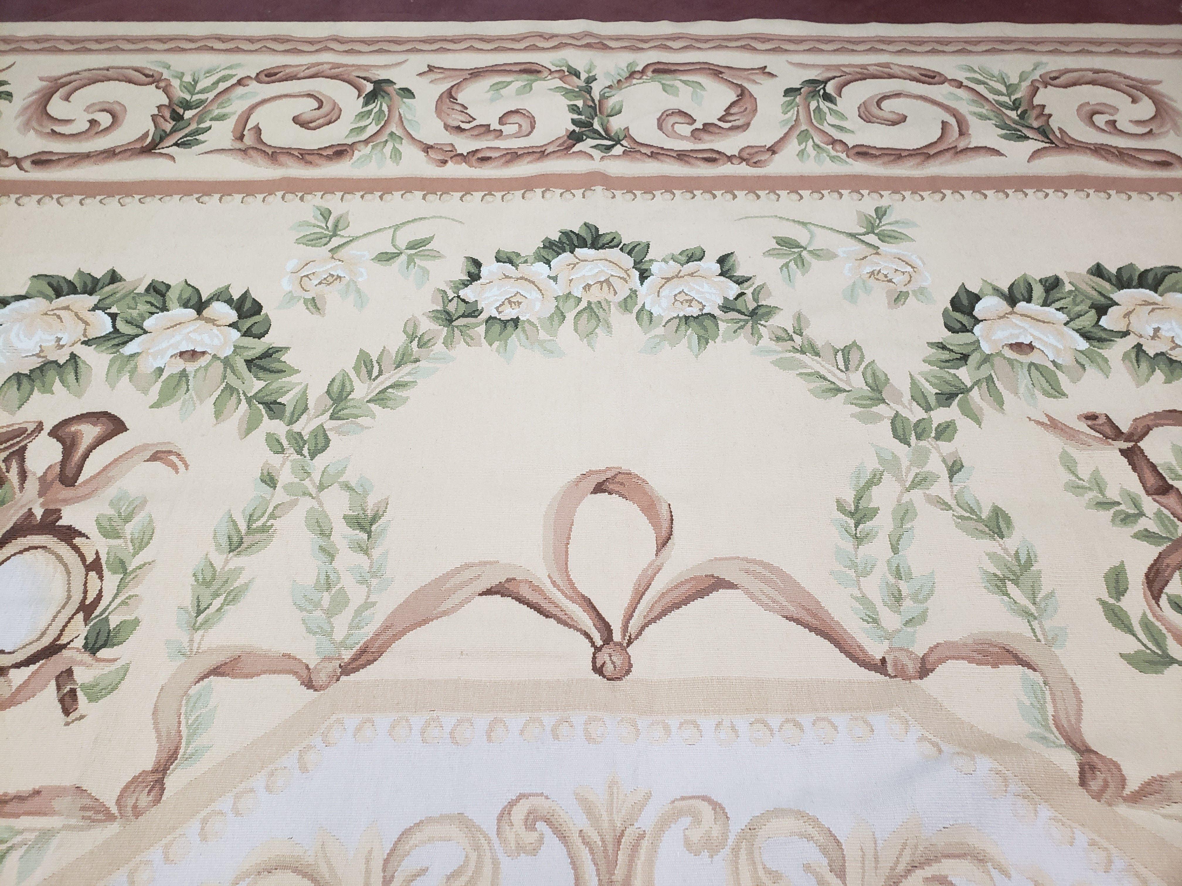 Elegant Aubusson Rug 10 x 14, Cream and Ivory Simple Aubusson Floral Carpet, Hand-Woven, European, New Aubusson Rug, Wool Area Rug, Violins