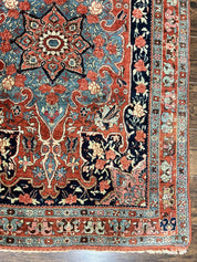Antique Persian Bidjar Rug 4x5, Red and Blue, Hand Knotted Wool Carpet