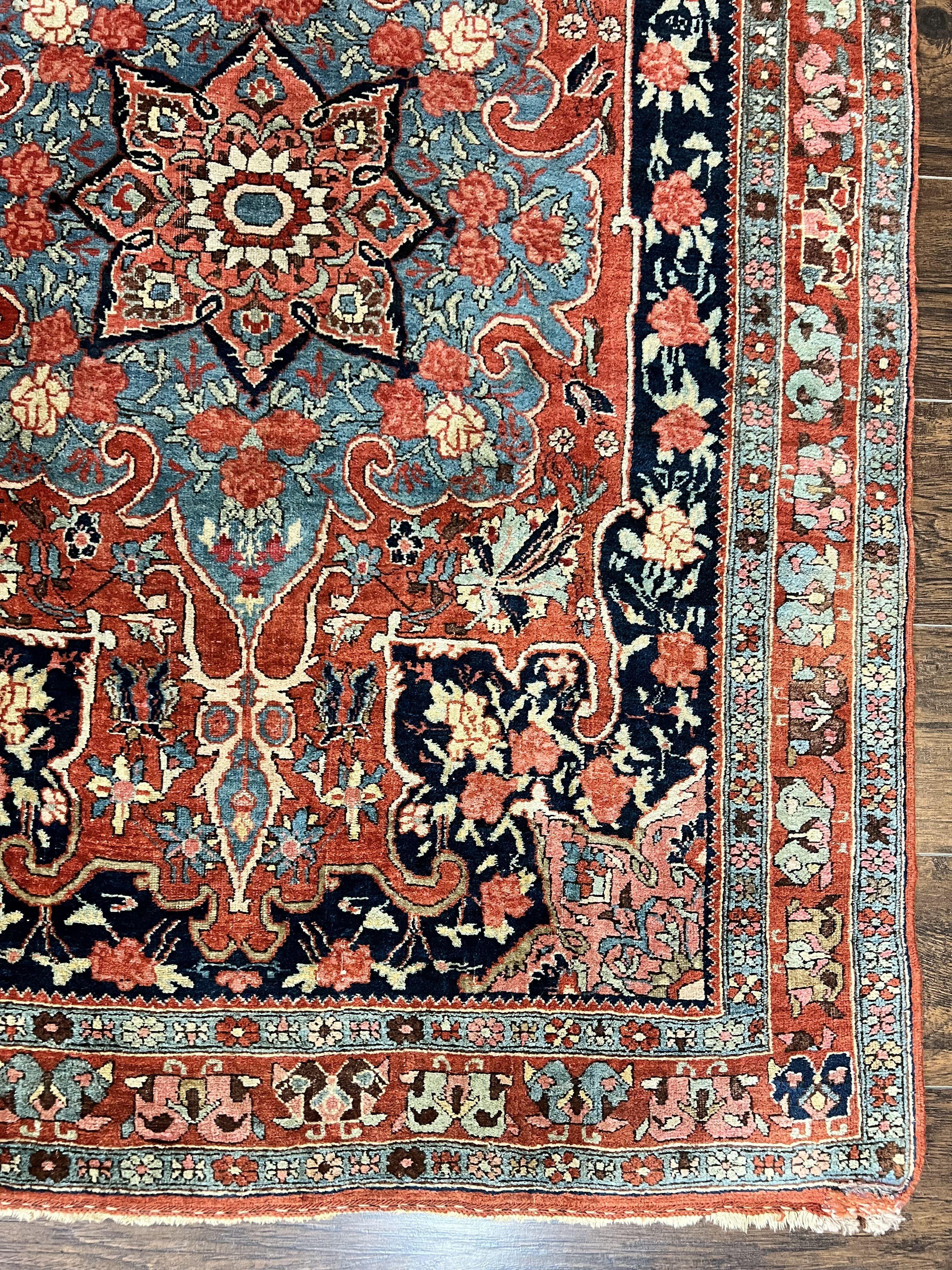 Antique Persian Bidjar Rug 4x5, Red and Blue, Hand Knotted Wool Carpet