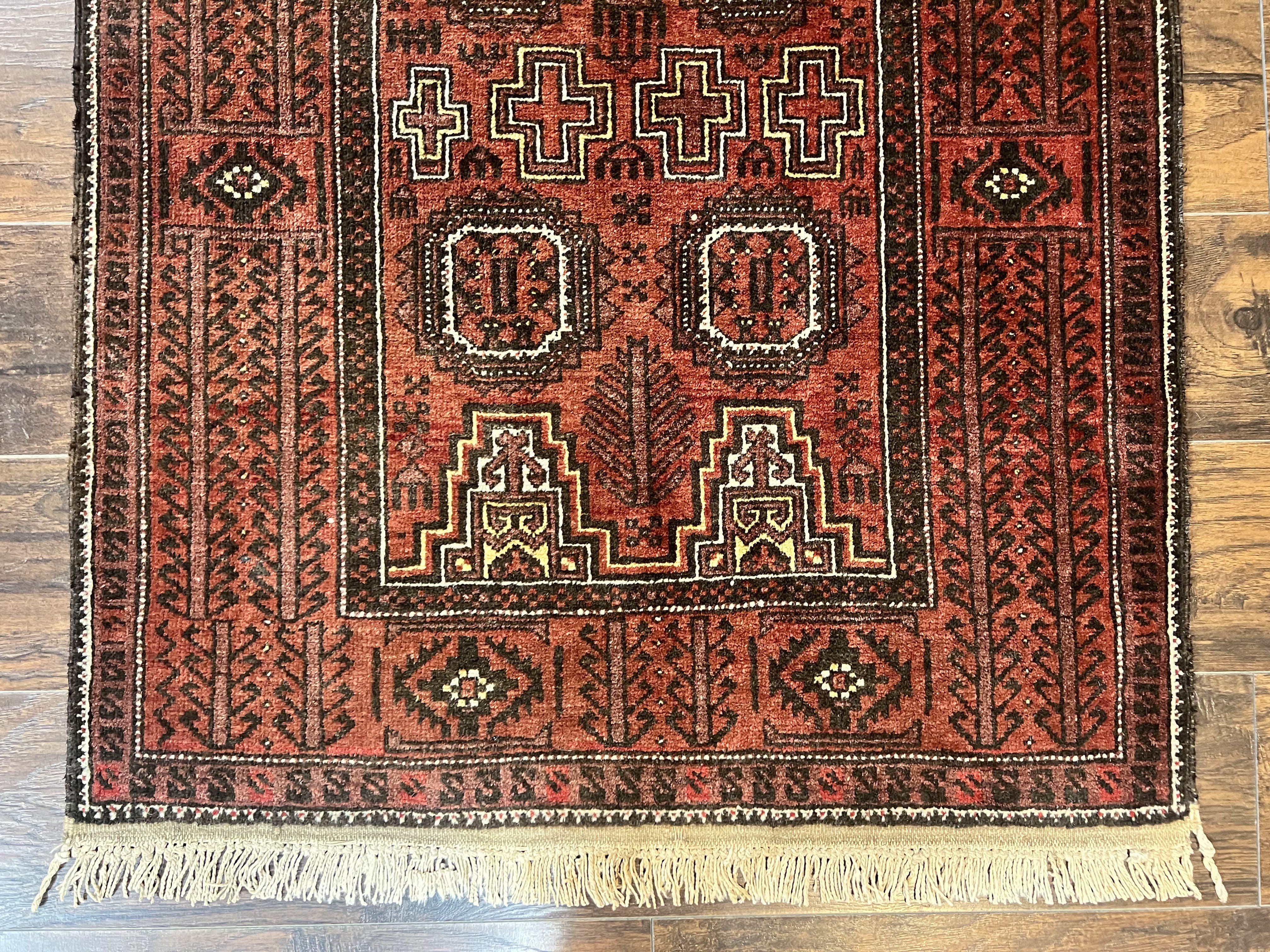 Antique Persian Turkoman Rug 3x6, Wool Tribal Handmade Carpet, Red and Black