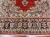 Persian Sarouk Rug 11x14, Semi Open Field, Large Antique Persian Wool Handmade Carpet, Red and Dark Blue, Floral
