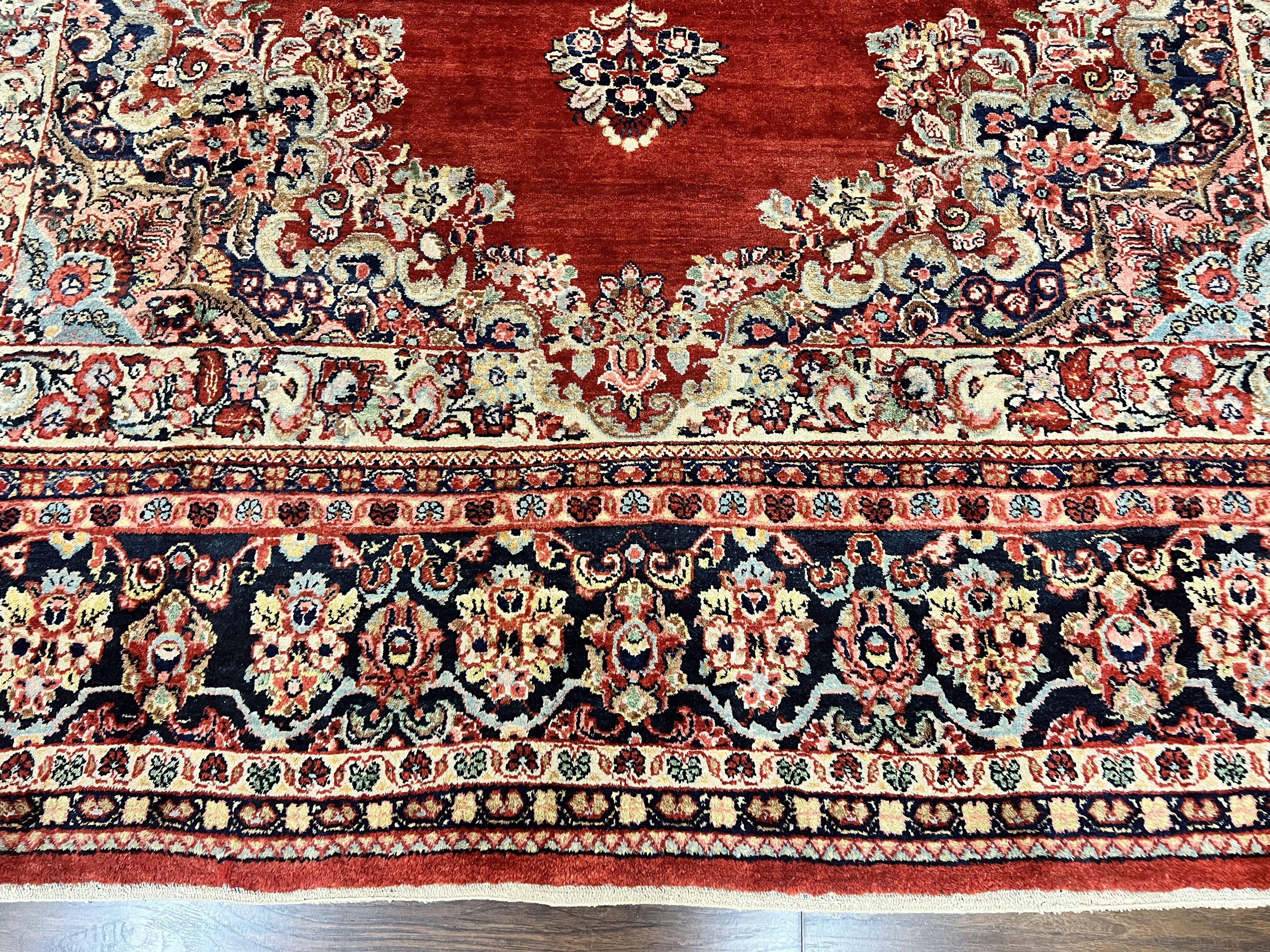 Persian Sarouk Rug 11x14, Semi Open Field, Large Antique Persian Wool Handmade Carpet, Red and Dark Blue, Floral