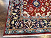 Indo Heriz Rug 8x10, Red and Navy Blue, Allover Pattern, Wool Handmade Carpet
