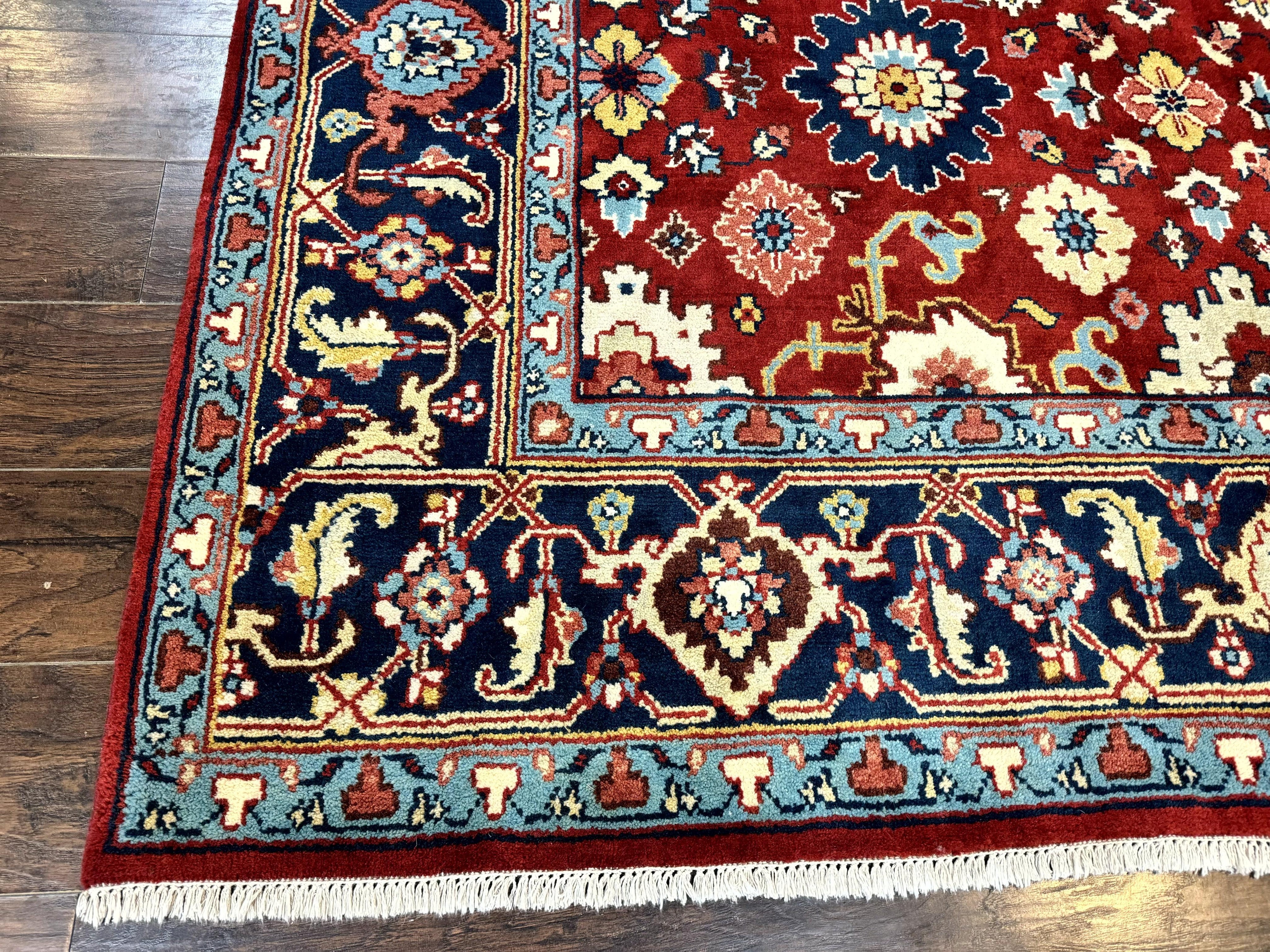 Indo Heriz Rug 8x10, Red and Navy Blue, Allover Pattern, Wool Handmade Carpet