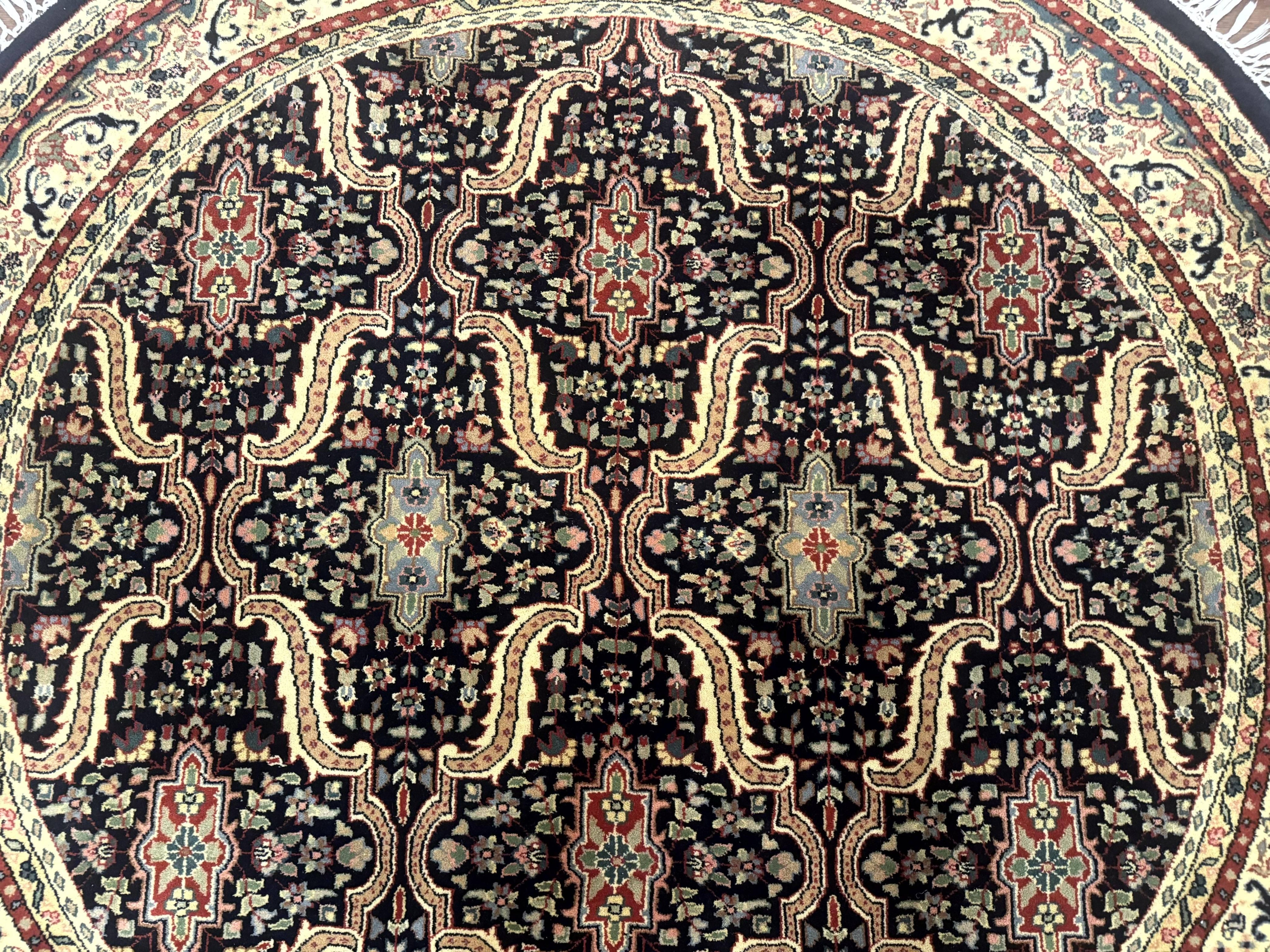 Round Indo Persian Rug 6x6, Indian Bidjar Rug, Navy Blue and Beige