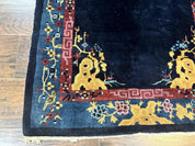Antique Chinese Peking Rug 3x6, Dark Blue, Bird Motif, Handmade Wool Art Deco Asian Oriental Carpet, Pair A