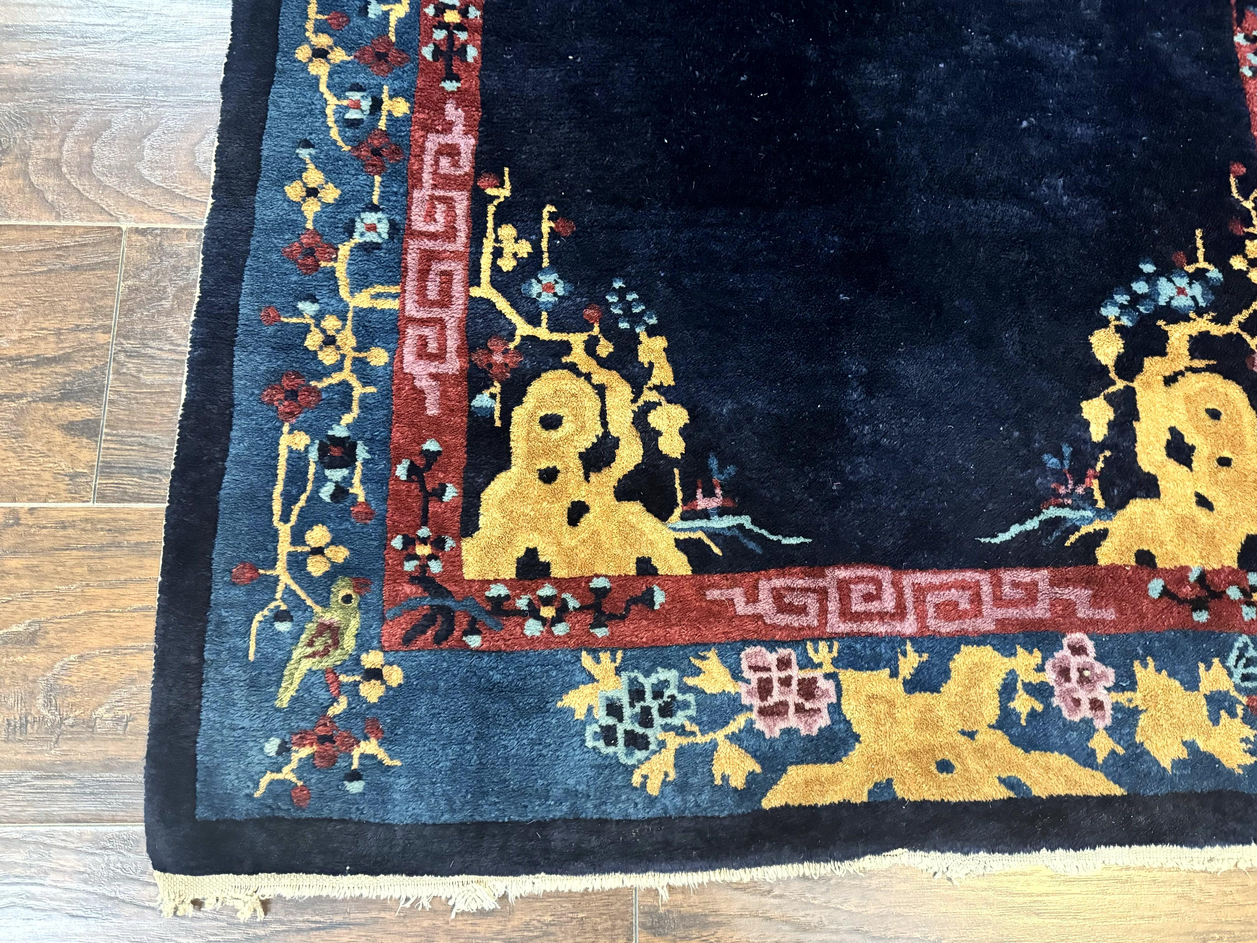 Antique Chinese Peking Rug 3x6, Dark Blue, Bird Motif, Handmade Wool Art Deco Asian Oriental Carpet, Pair A