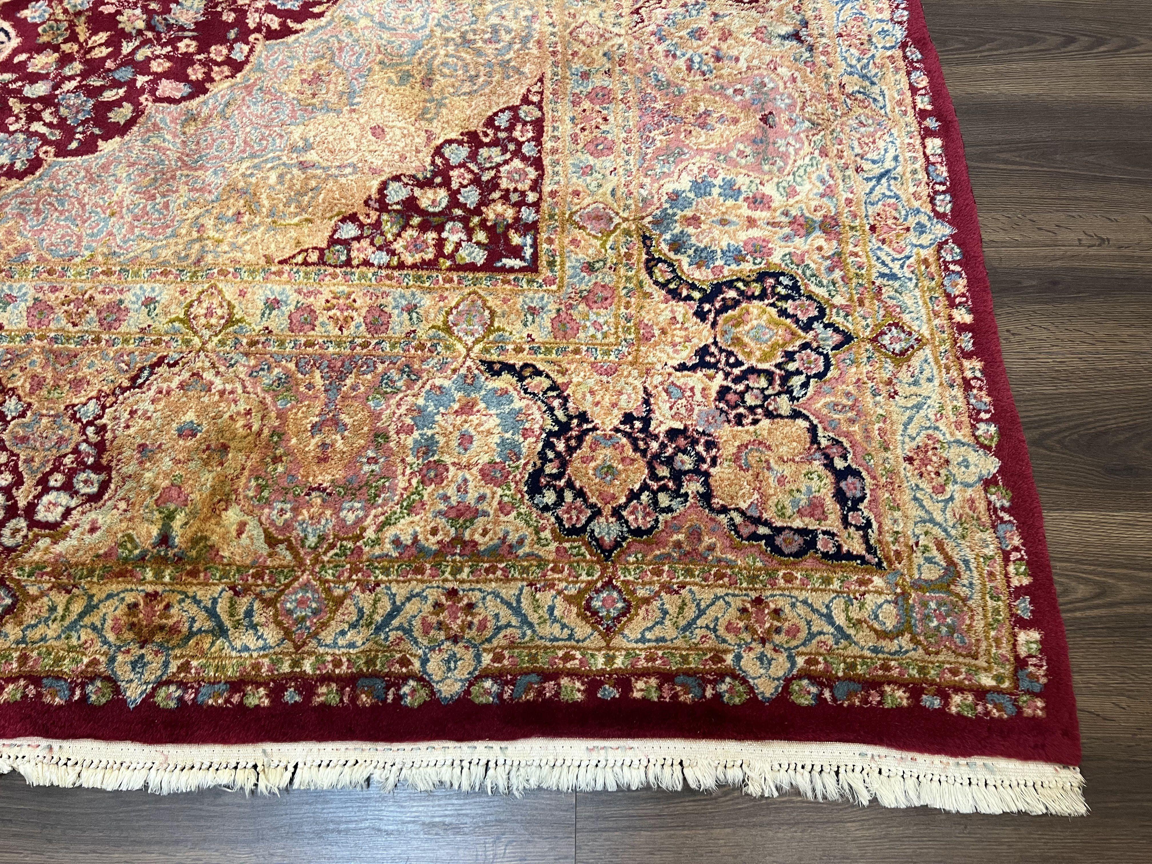 Persian Rug 9x12, Kirman DeLuxe, Millefleur Floral Medallion Carpet, Maroon Light Blue Beige, Semi Antique Authentic Hand Knotted Wool Rug