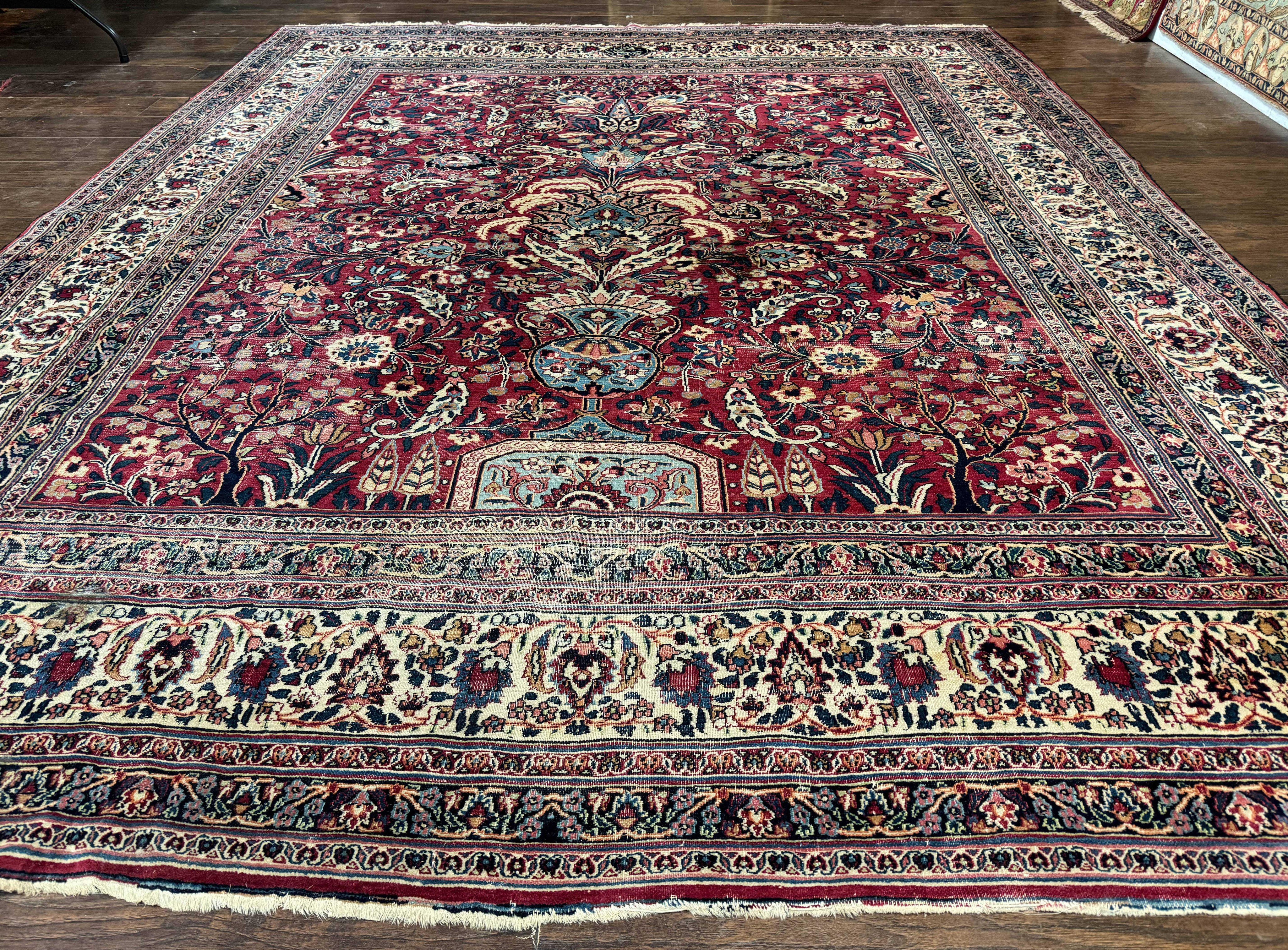 Antique Persian Mashad Rug 10x12, Red and Ivory, Signed by Master Weaver