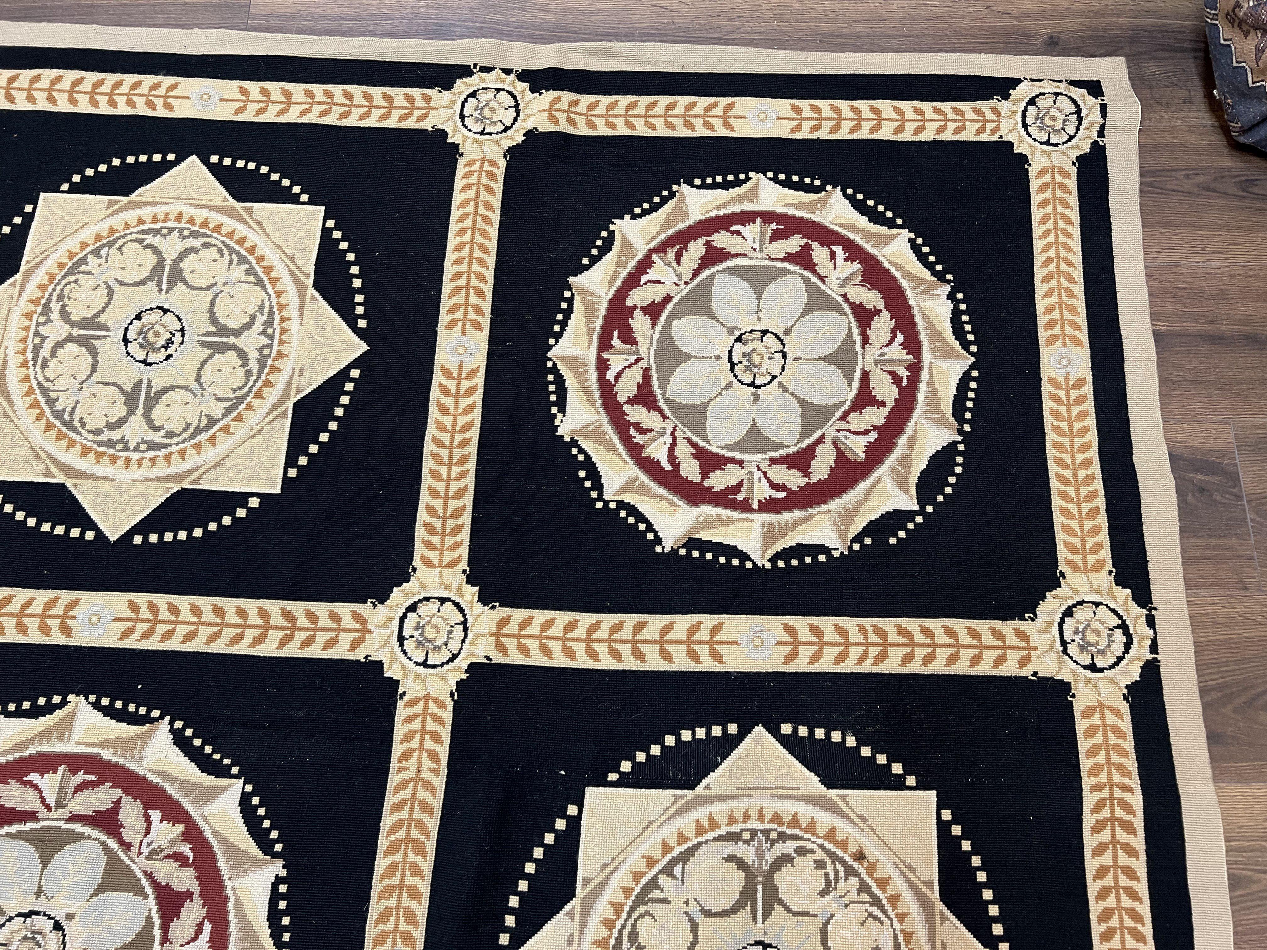 Large Needlepoint Rug 10x13, Panel Design, Black and Beige, Wool Needlepoint Carpet 10 x 13, English Garden, Handwoven Area Rug, Living Room