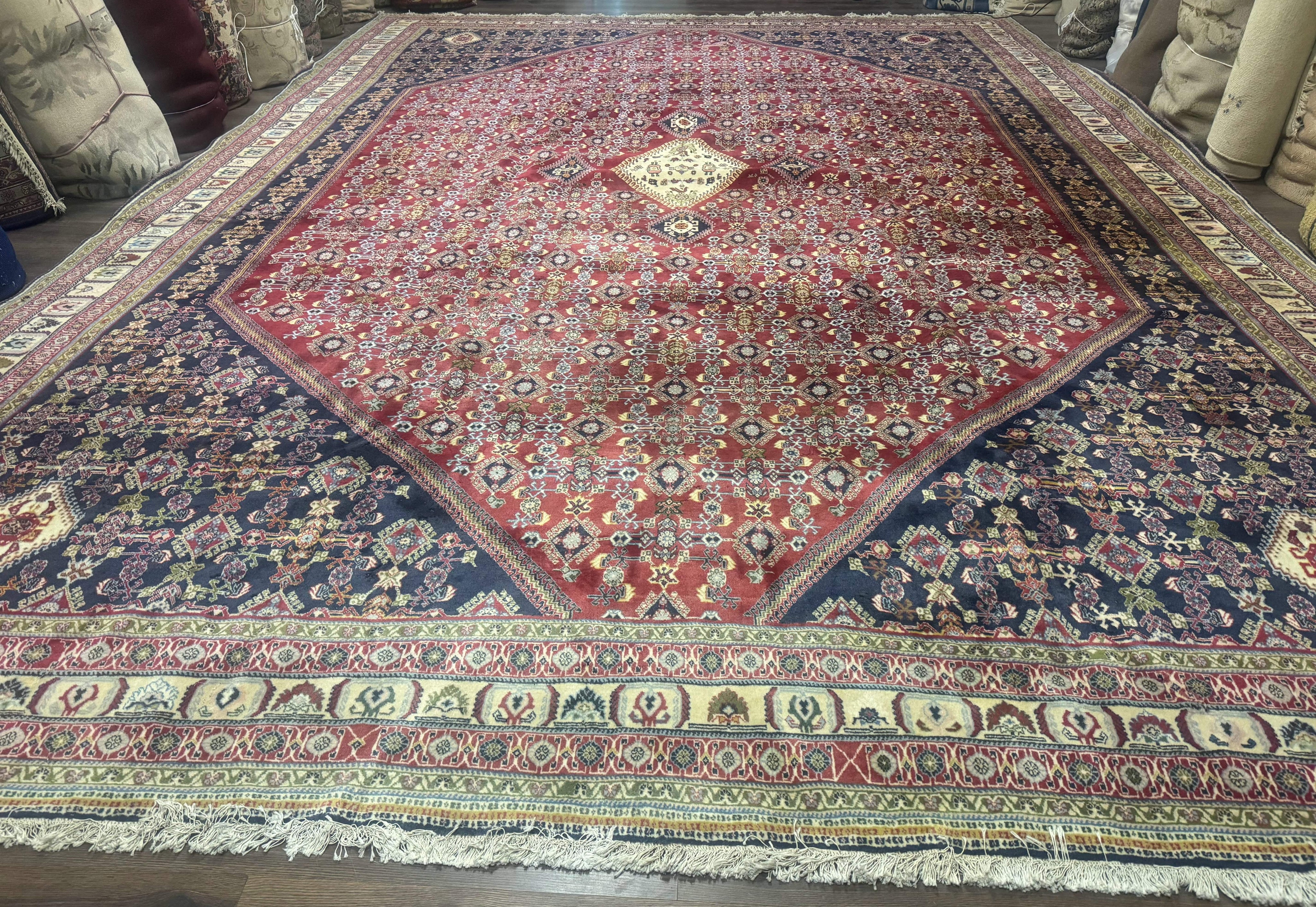 Palace Size Persian Shiraz Rug 13x19, Tribal Rug, Herati Pattern, Brick Red Navy Blue Beige, Oversized Persian Wool Area Rug, Extra Large