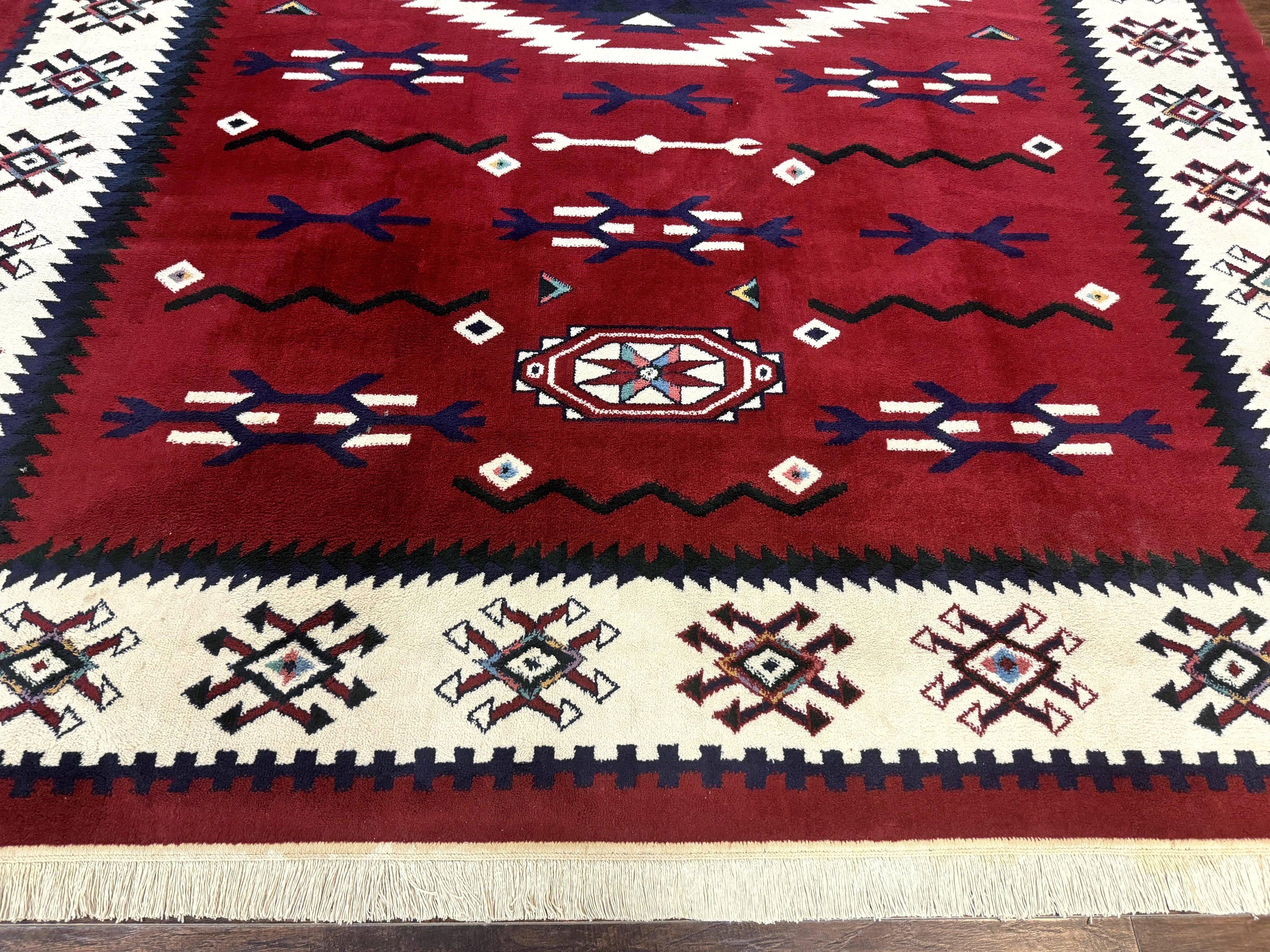 Belgium Power Loomed Rug 8x11, Navajo Native American Design, Dark Red and Ivory, Tribal Rug, Bohemian Carpet