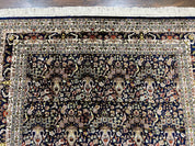 Silk Indian Kashmiri Rug 5x7, Navy Blue Indo Persian Silk Carpet 5 x 7 ft, Hand Knotted Handmade Very Fine Oriental Carpet, 450 KPSI, Birds