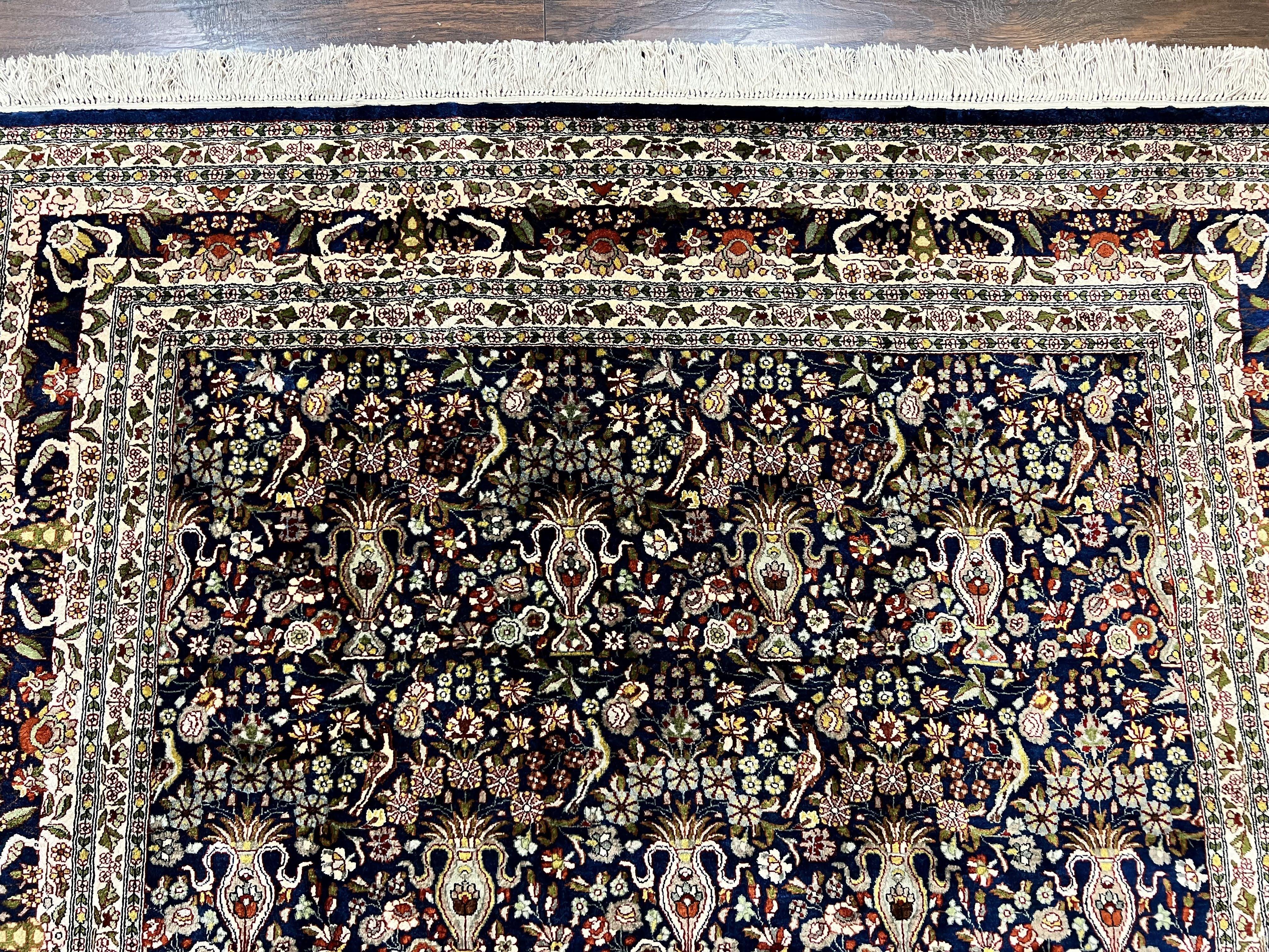 Silk Indian Kashmiri Rug 5x7, Navy Blue Indo Persian Silk Carpet 5 x 7 ft, Hand Knotted Handmade Very Fine Oriental Carpet, 450 KPSI, Birds