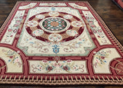 Needlepoint Rug 7.9 x 9, Beige Maroon Rose, Handmade Handwoven Flatweave Aubusson Savonnerie French European Elegant Carpet, Wool Rug