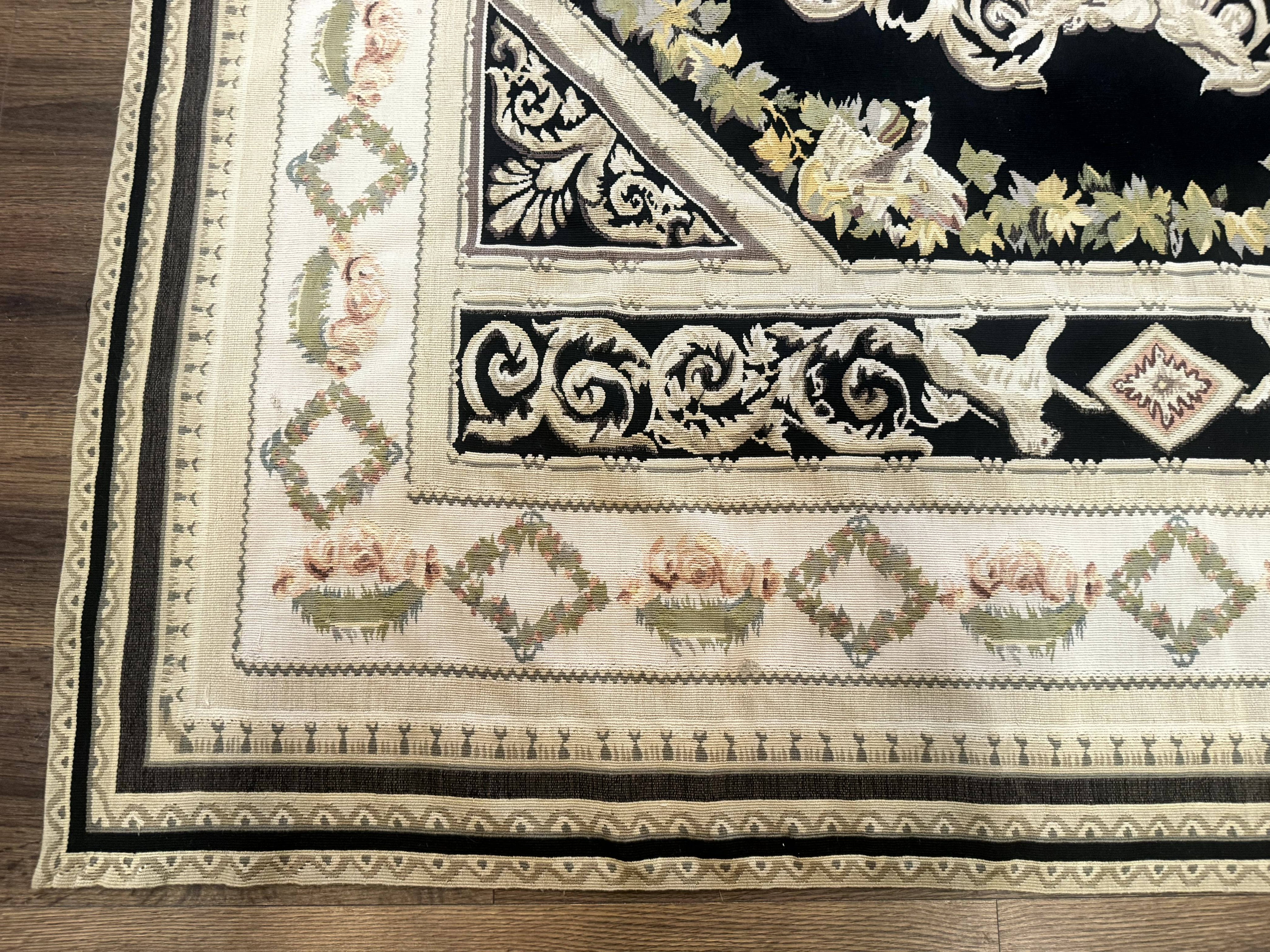 Aubusson Rug 6x8, European Design, Lion Pictorials, Black