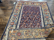 Persian Senneh Rug 4x8, Wool Hand Knotted Antique Kurdish Carpet, Navy Blue Oriental Area Rug, 4 x 8 Rug
