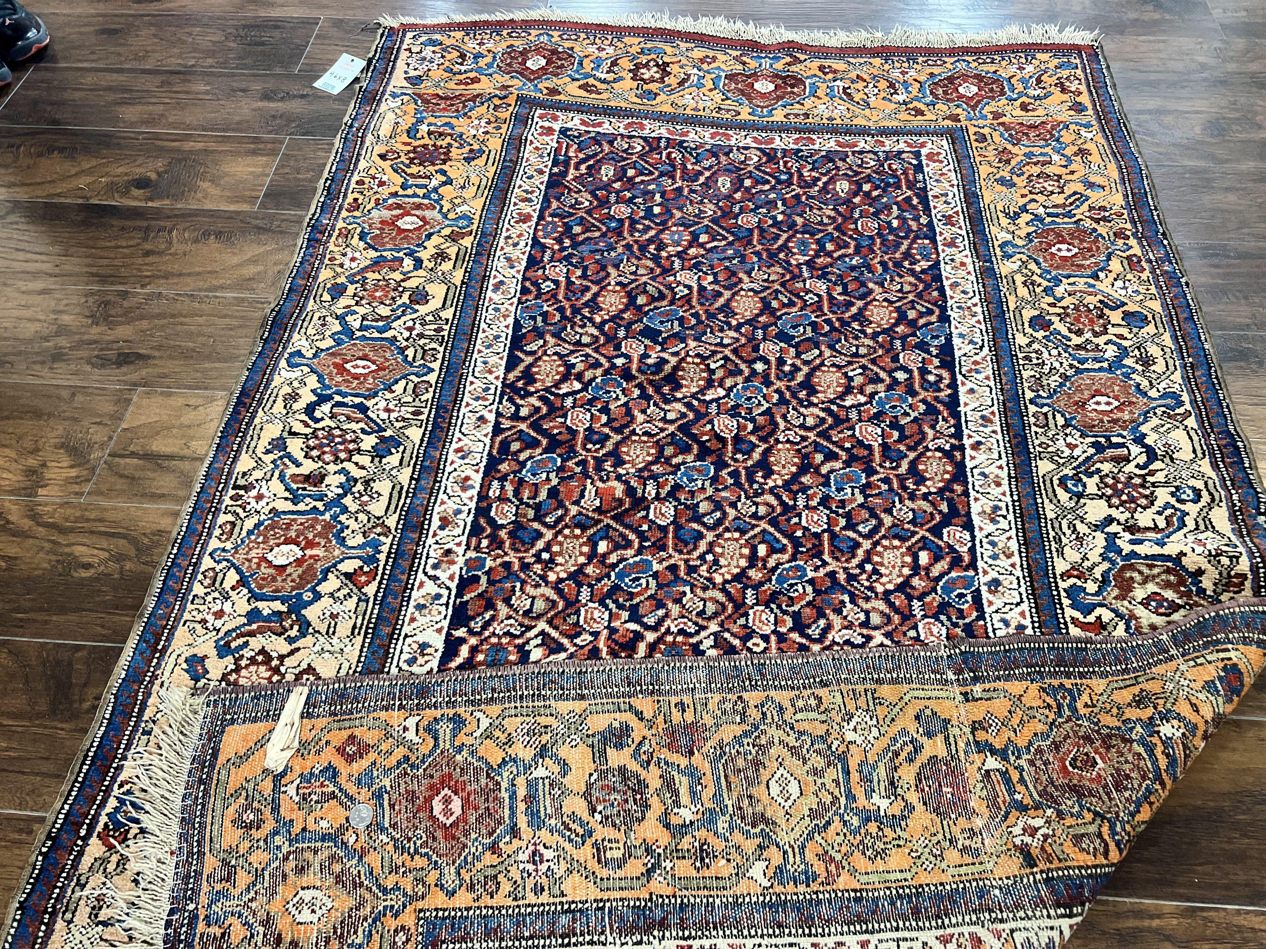 Persian Senneh Rug 4x8, Wool Hand Knotted Antique Kurdish Carpet, Navy Blue Oriental Area Rug, 4 x 8 Rug