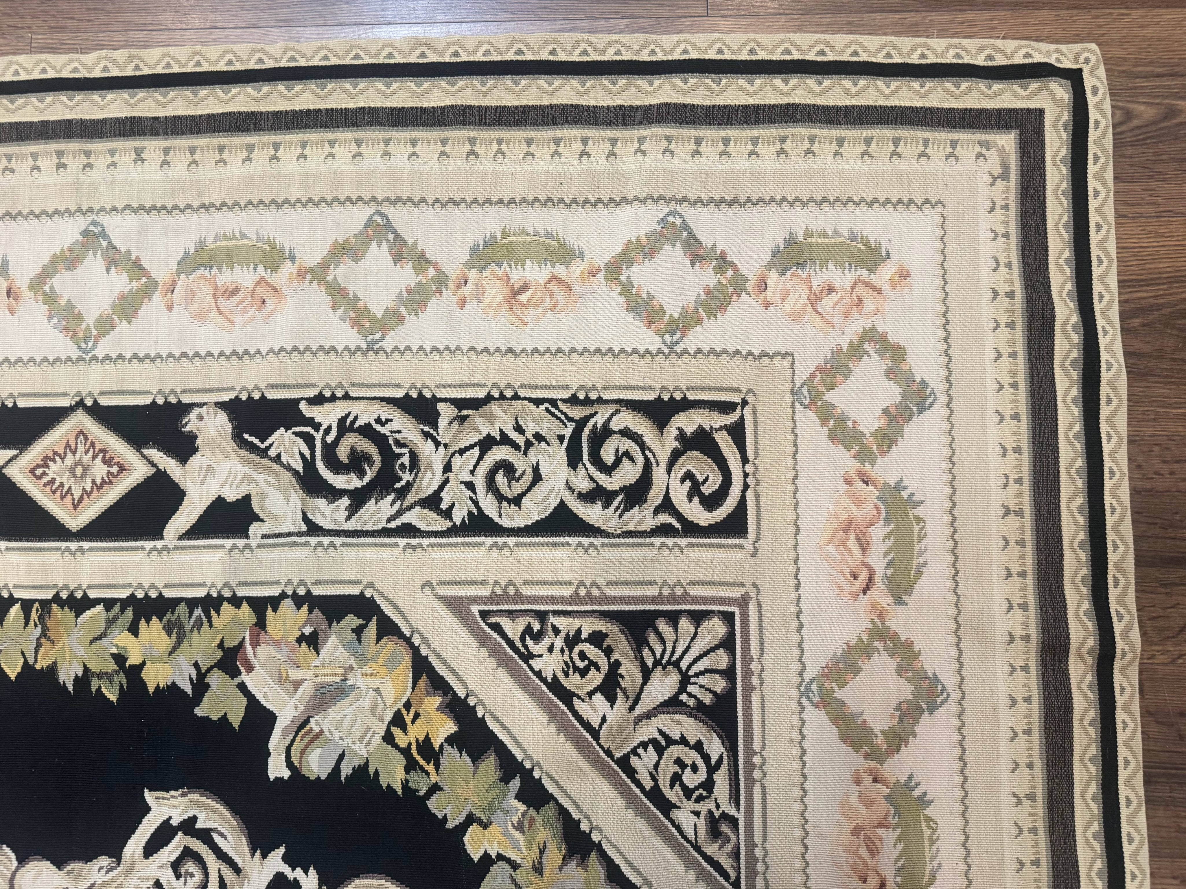 Aubusson Rug 6x8, European Design, Lion Pictorials, Black