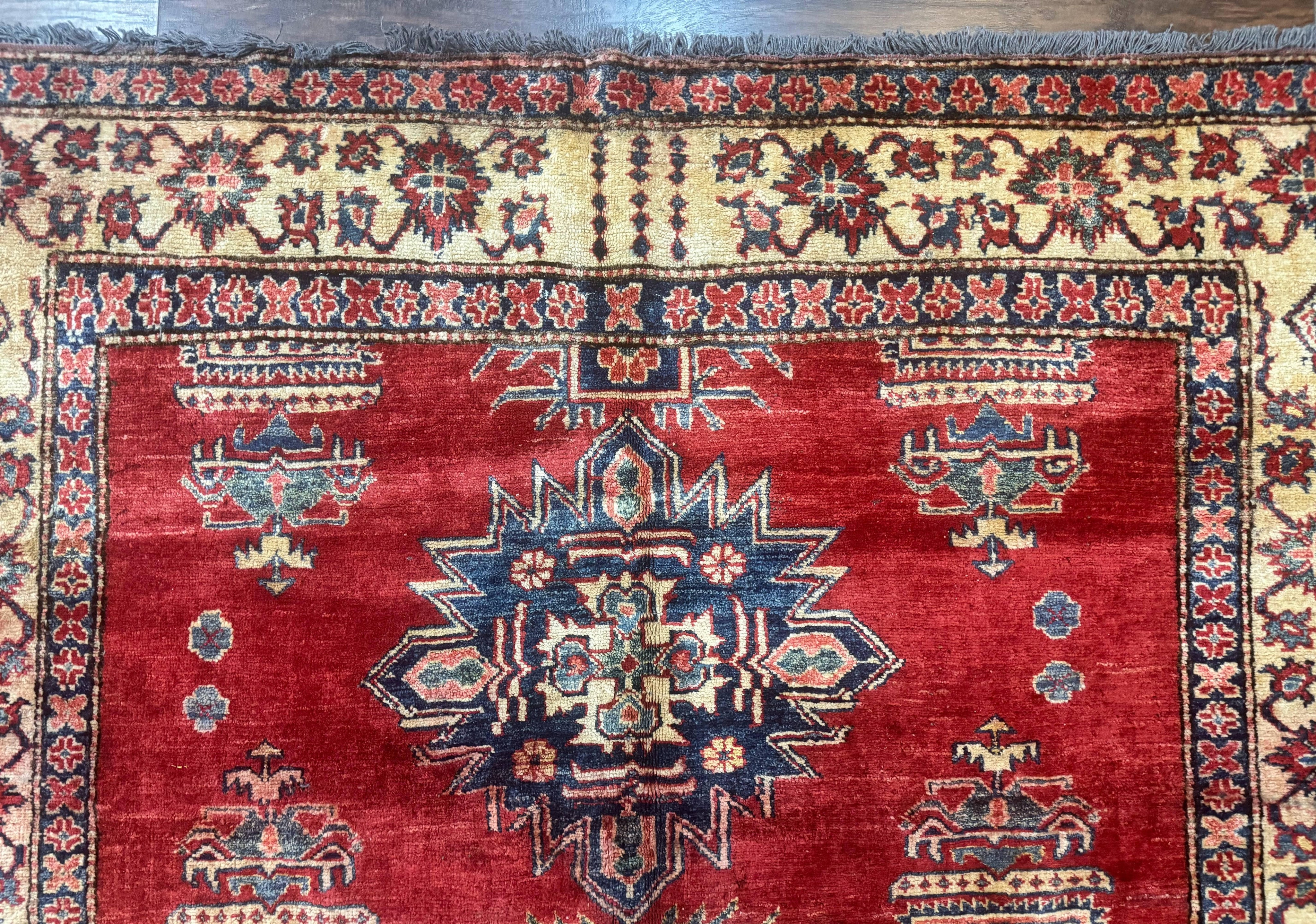 Square Turkish Rug 6x6, Azerbaijani Azeri Turkish Armenian Rug, Red Tan Blue, Geometric, Wool Carpet