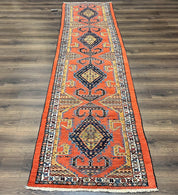 Rare Persian Tribal Runner Rug 3 x 11, Sarab Serab Persian Runner, Antique 1920s Collectible Geometric Medallions Oriental Wool Runner, Hand Knotted, Bright Orange-Red
