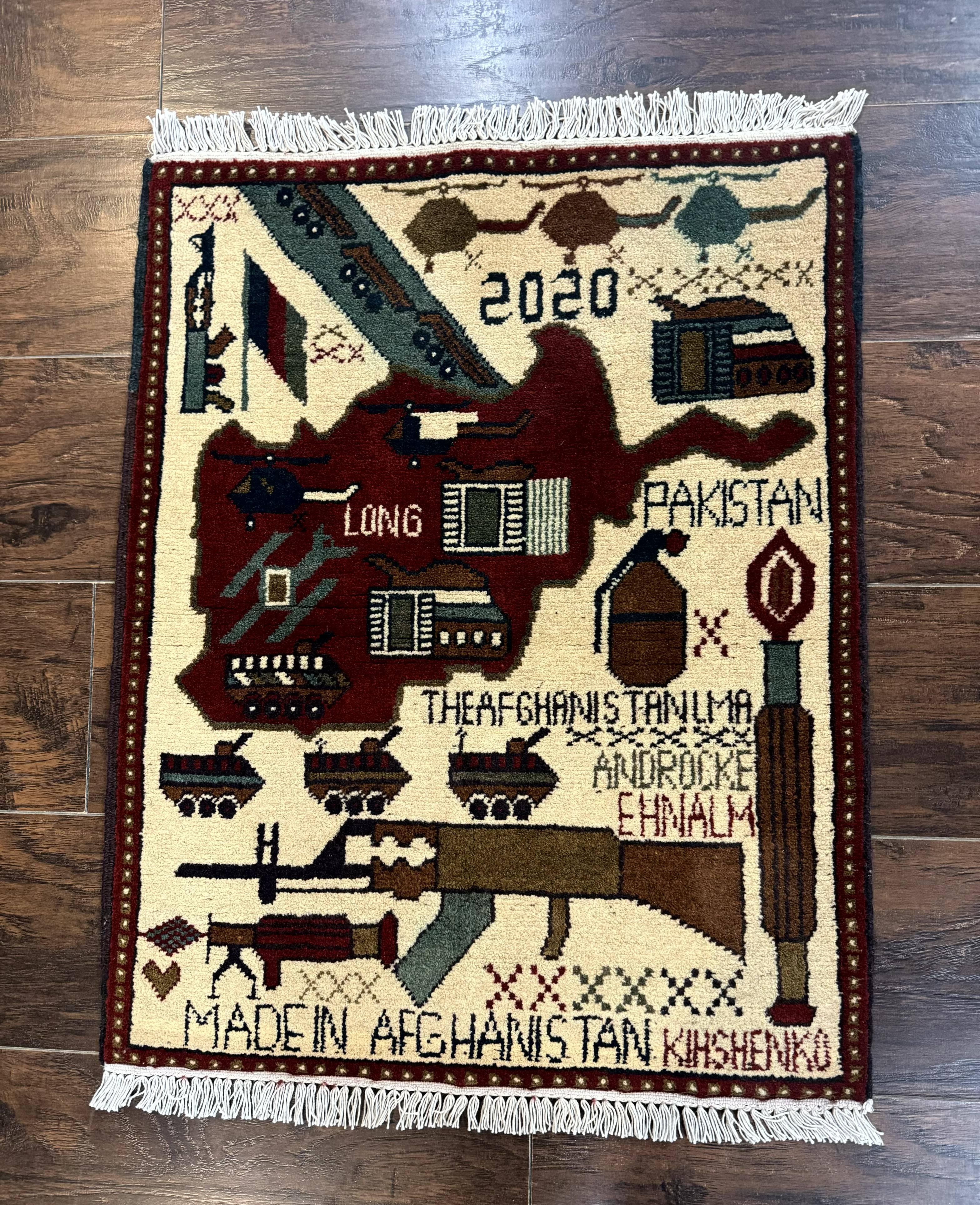 Afghan War Rug 2 x 2.6, Guns Tanks Helicopters