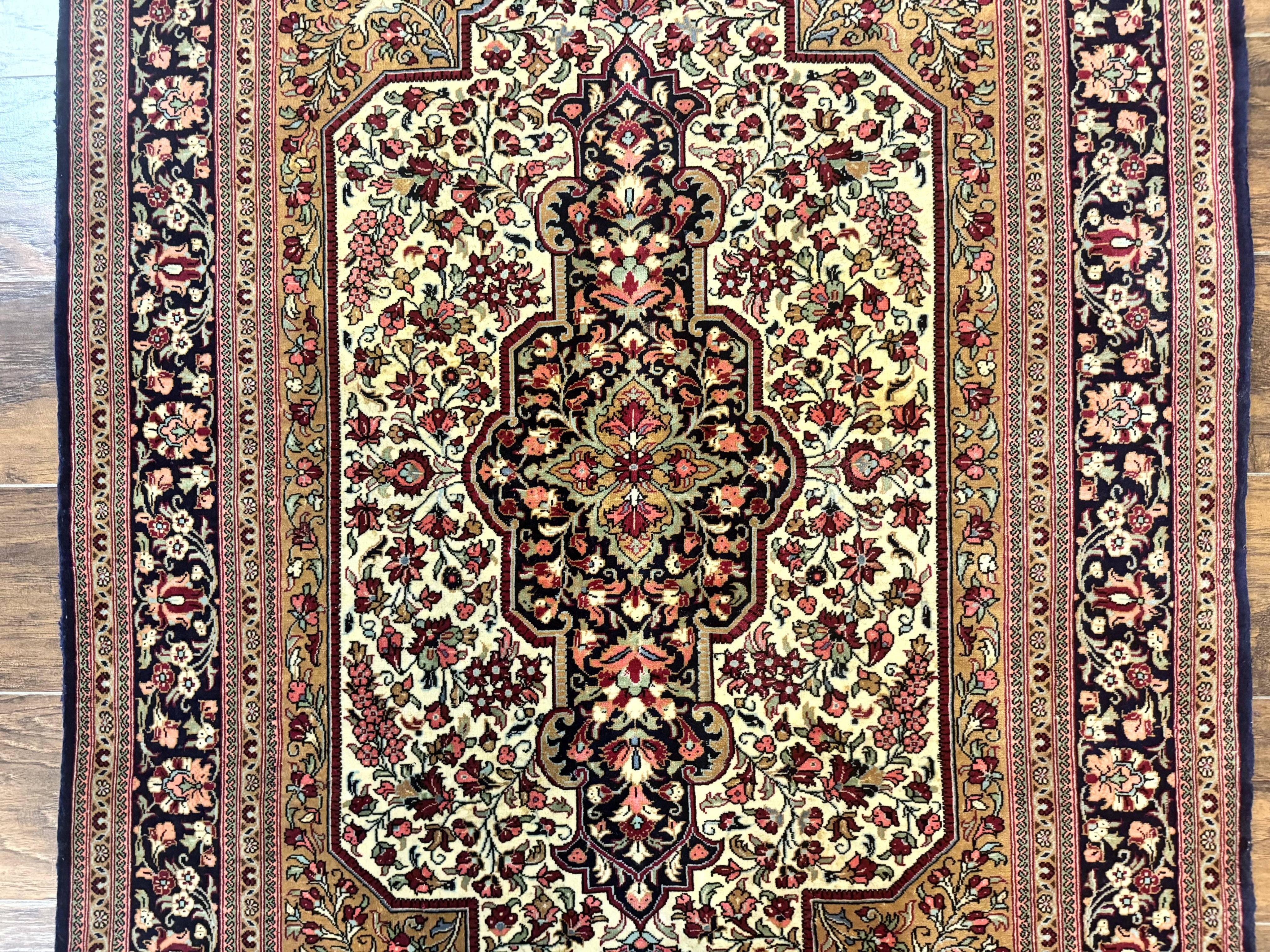 Persian Qum Rug 3.6 x 5, Kork Wool, Very Finely Hand Knotted 325 KPSI, Rare, Semi Antique