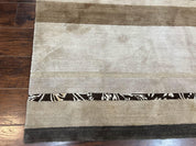 Modern Tibetan Nepali Rug 8x12, Stripe Pattern, Wool with Silk Highlights, Handmade, Beige Tan Brown