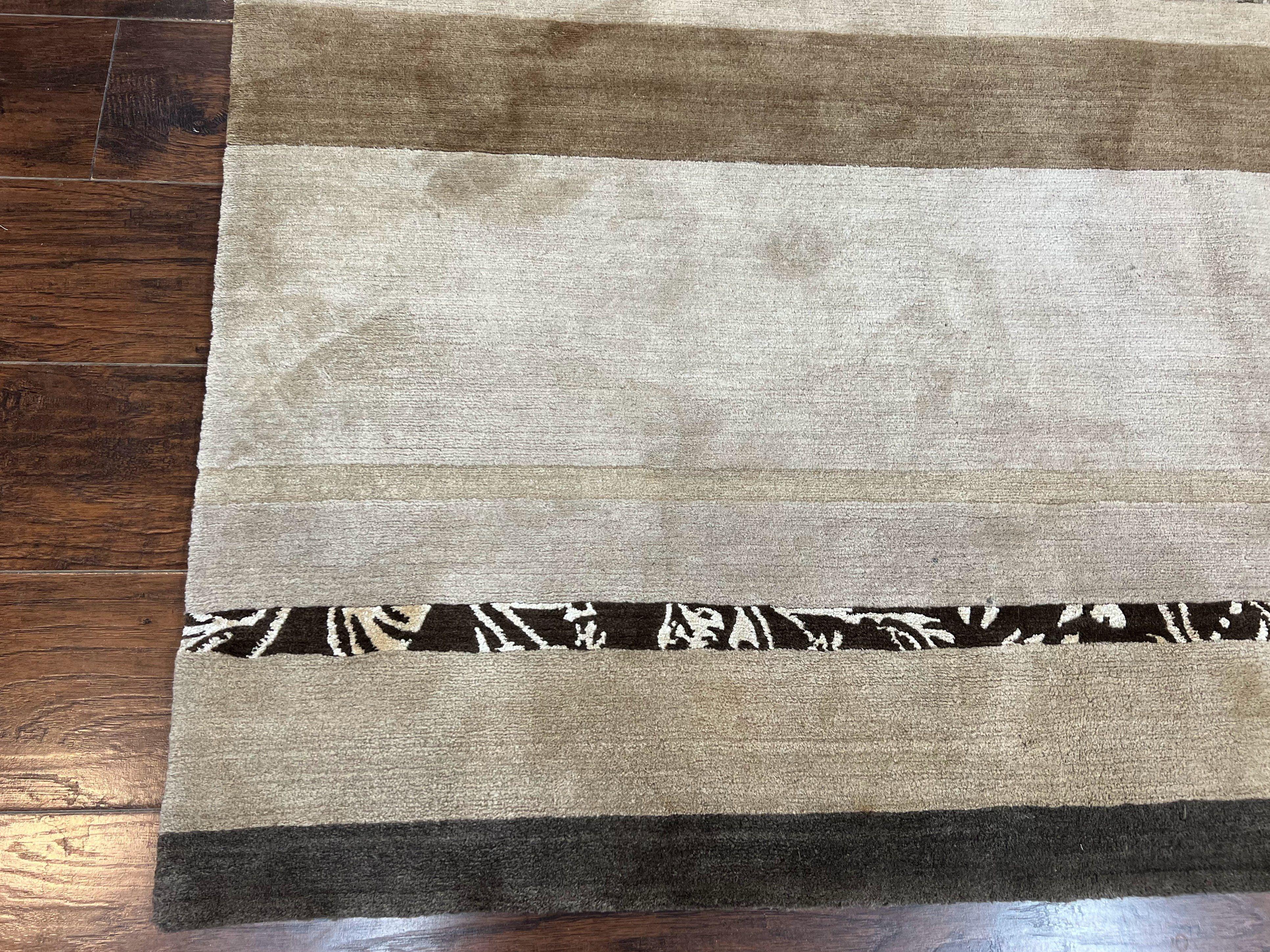 Modern Tibetan Nepali Rug 8x12, Stripe Pattern, Wool with Silk Highlights, Handmade, Beige Tan Brown