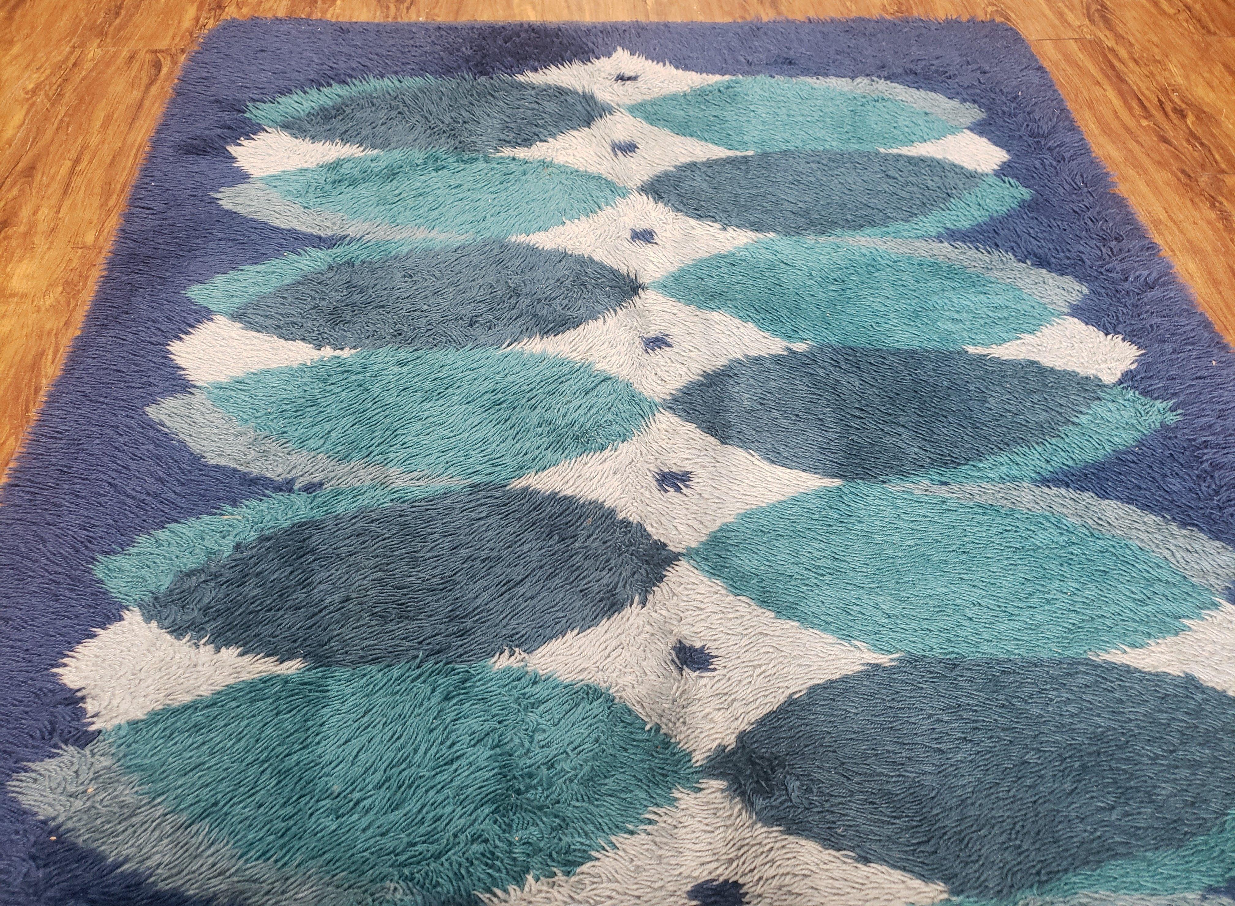 Blue Rya Rug, 1960s Mid-Century Modern Danish Shag Rug 4'6" x 6'7", Ege Rya, Abstract