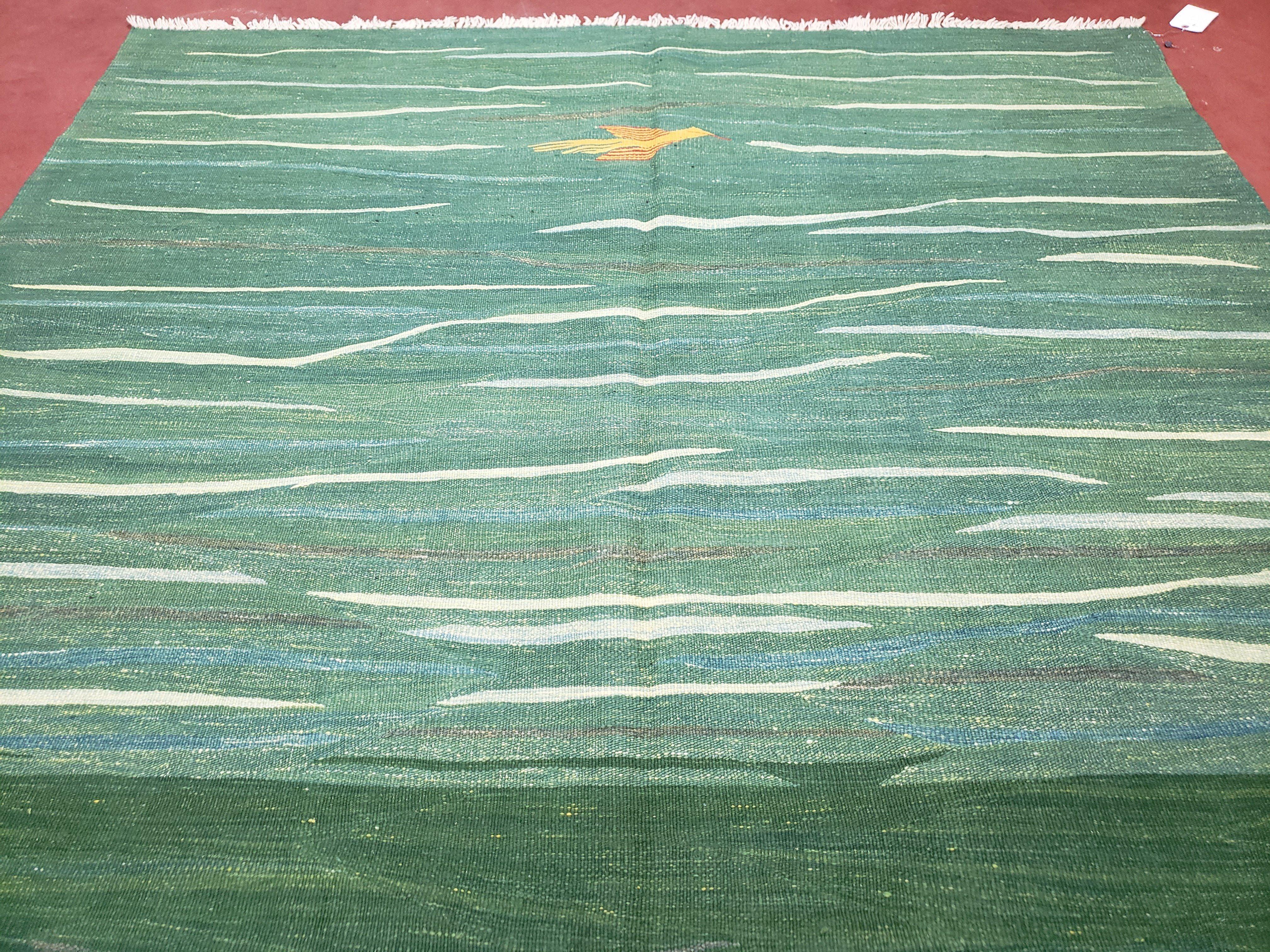 Green Turkish Kilim Rug, 6x9 - 7x10 Rugs, Bird, Handmade New Area Rug, Wool, Bohemian Boho Decor, Hand Woven, Modern Abstract Flat Weave Rug